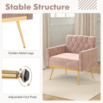 Modern Velvet Accent Chair with Button Tufted Back Golden Metal Legs and Adjustable Foot Pads, Pink Accent Chairs   at Gallery Canada