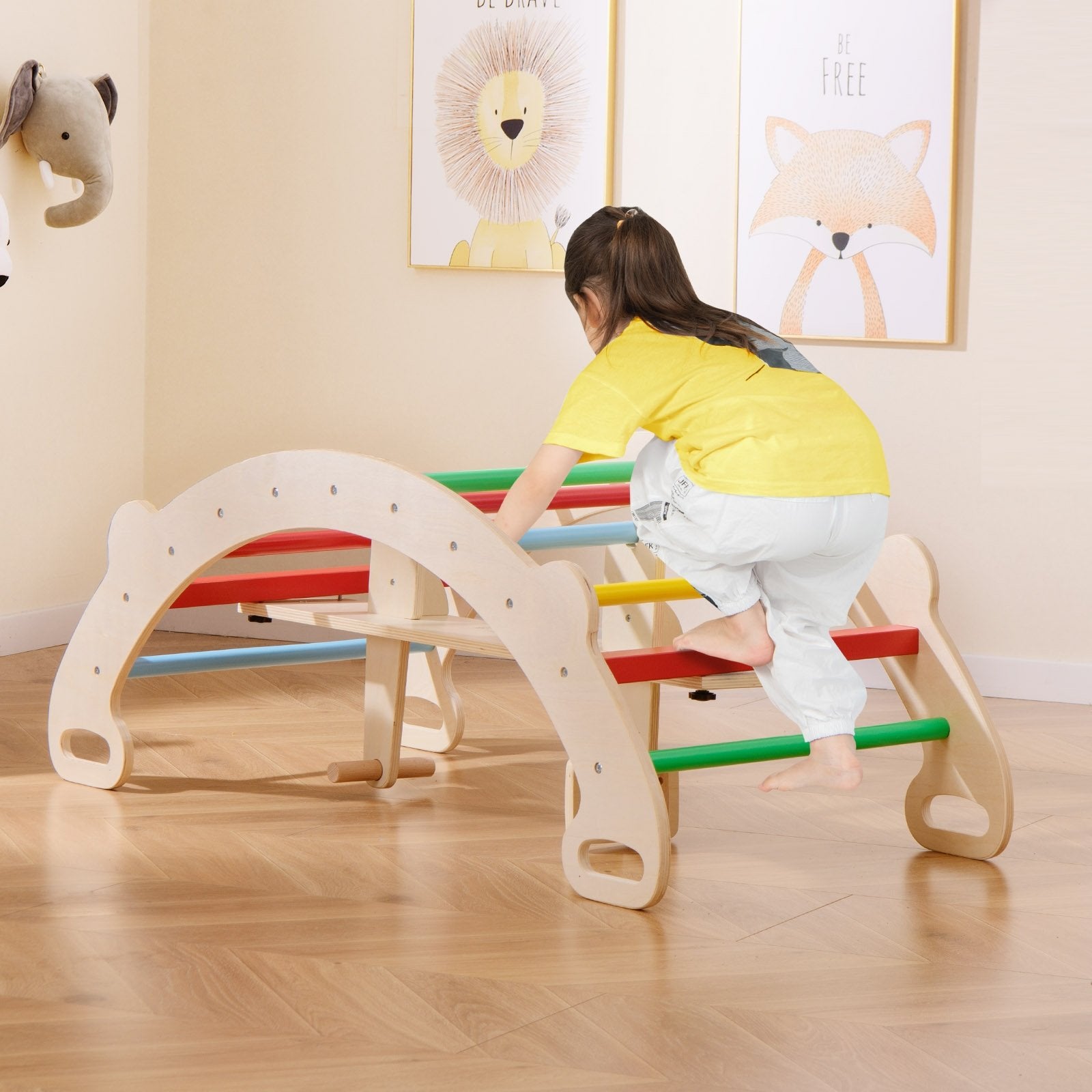 4-in-1 Multifunctional Wooden Climbing Toys with Rocker and Crawling Tunnel, Multicolor Climbers & Slides   at Gallery Canada