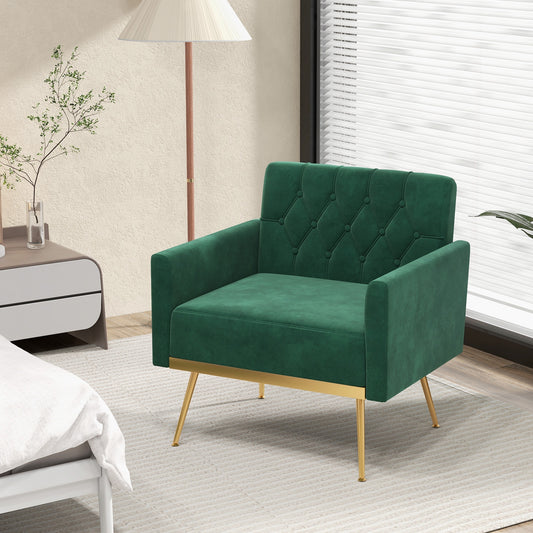 Modern Velvet Accent Chair with Button Tufted Back Golden Metal Legs and Adjustable Foot Pads, Turquoise Accent Chairs Turquoise  at Gallery Canada