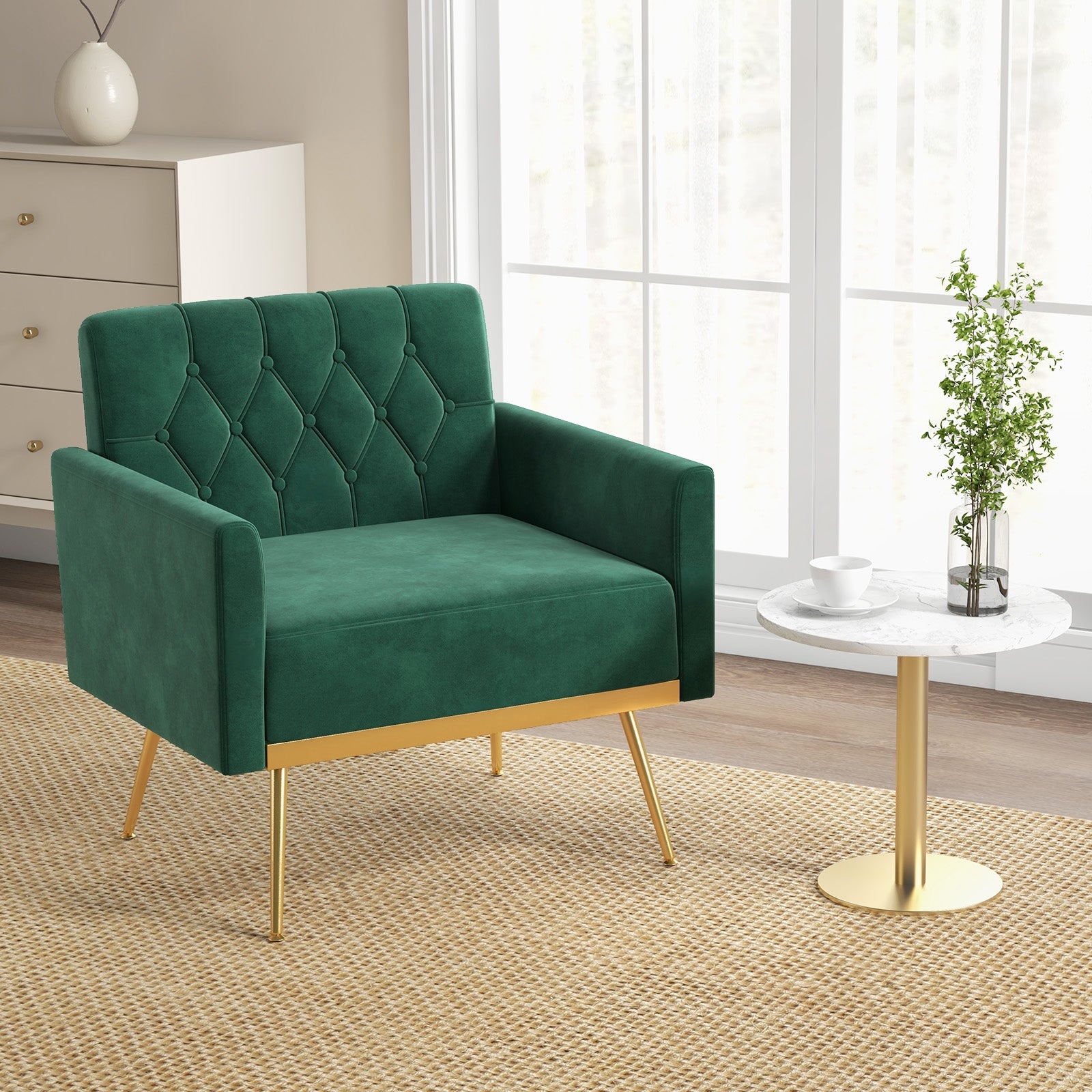 Modern Velvet Accent Chair with Button Tufted Back Golden Metal Legs and Adjustable Foot Pads, Turquoise Accent Chairs   at Gallery Canada