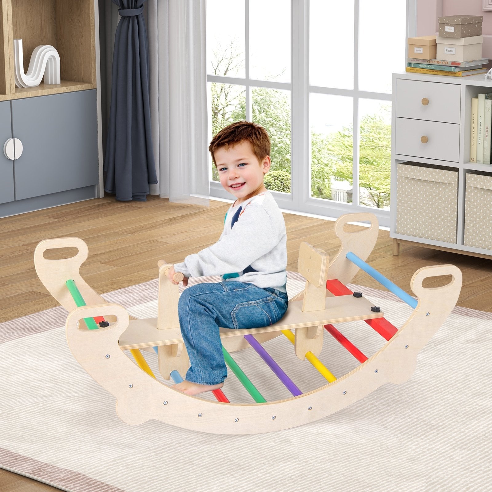 4-in-1 Multifunctional Wooden Climbing Toys with Rocker and Crawling Tunnel, Multicolor Climbers & Slides   at Gallery Canada