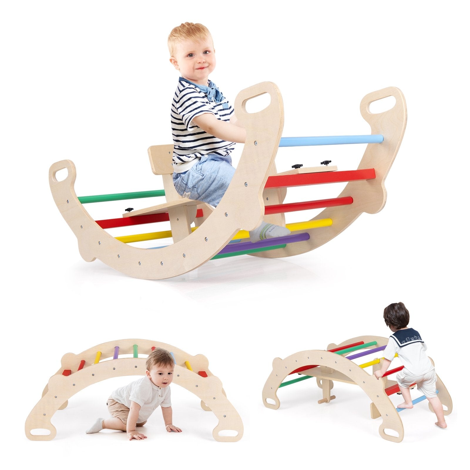 4-in-1 Multifunctional Wooden Climbing Toys with Rocker and Crawling Tunnel, Multicolor Climbers & Slides   at Gallery Canada