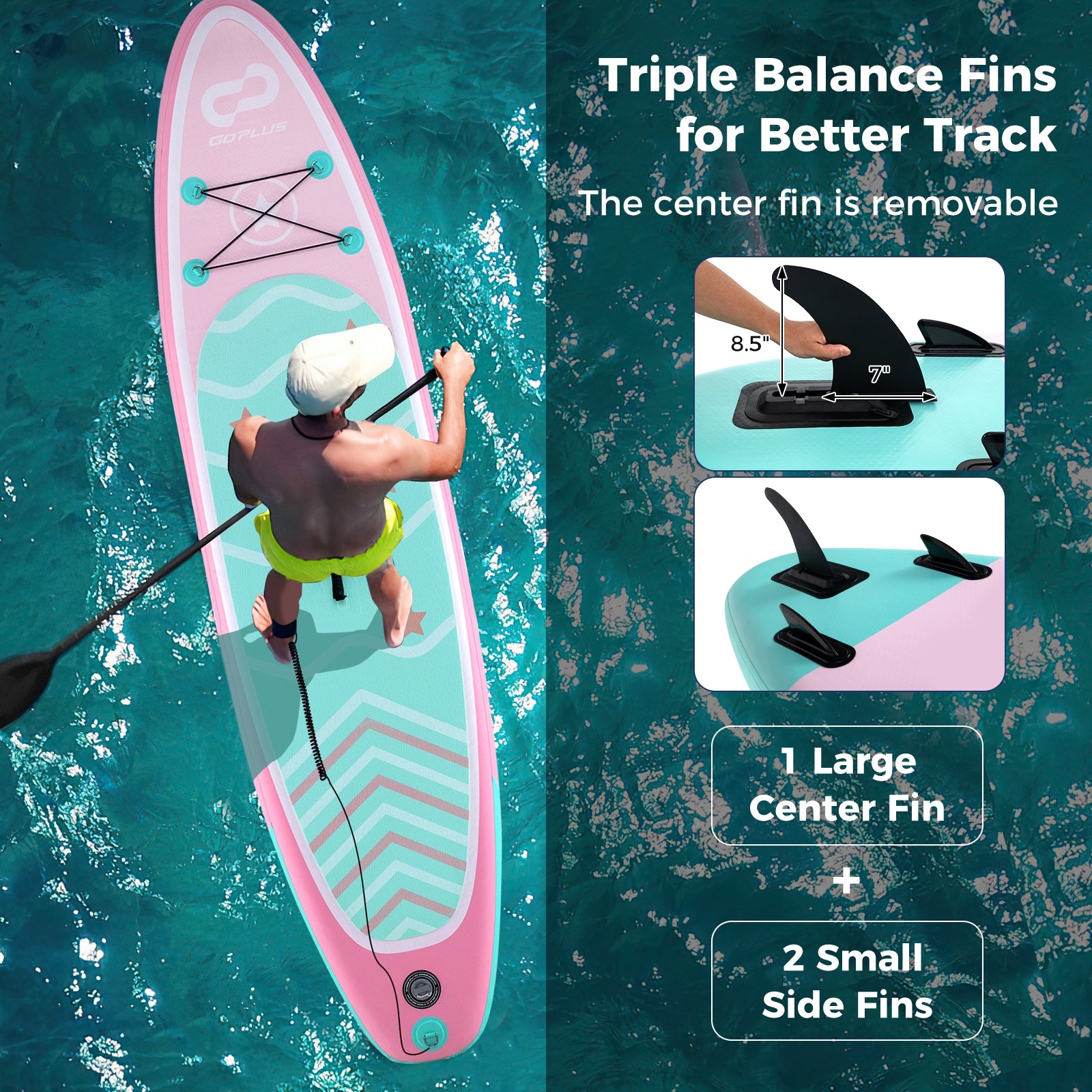 10 Feet Inflatable Stand up Paddle Board with 3 Fins and Adjustable Paddle-S, Pink Surfing   at Gallery Canada