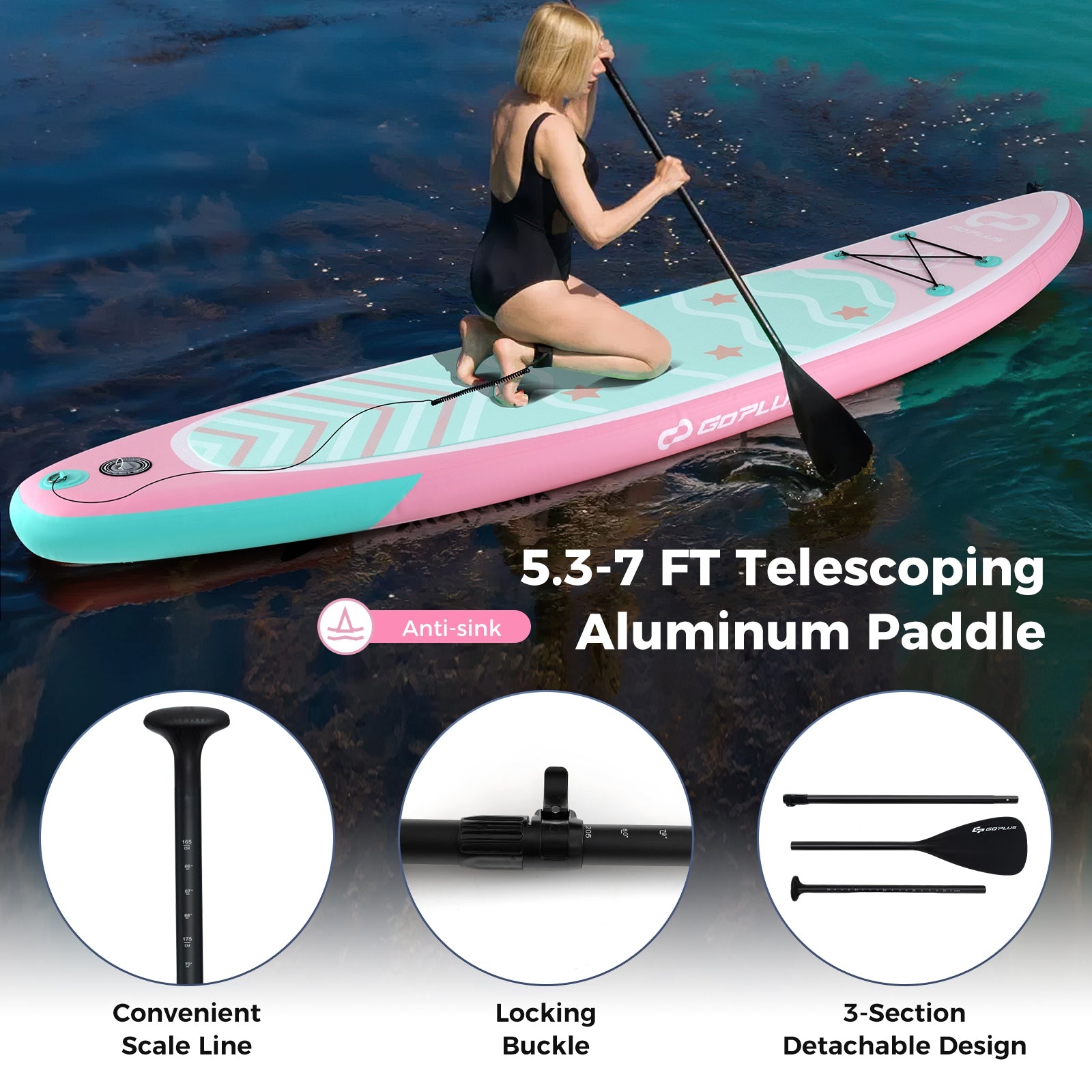 10 Feet Inflatable Stand up Paddle Board with 3 Fins and Adjustable Paddle-S, Pink Surfing   at Gallery Canada