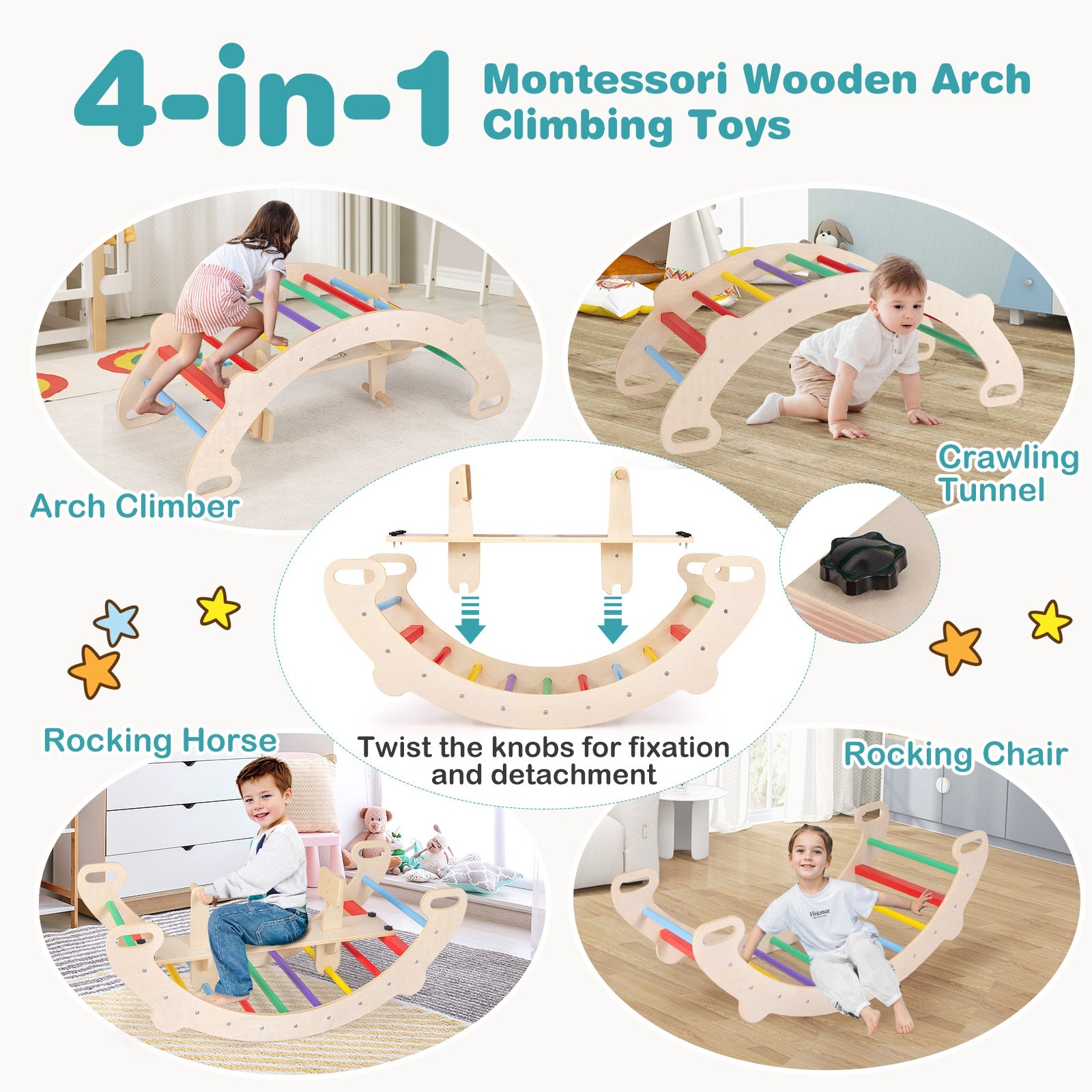 4-in-1 Multifunctional Wooden Climbing Toys with Rocker and Crawling Tunnel, Multicolor Climbers & Slides   at Gallery Canada