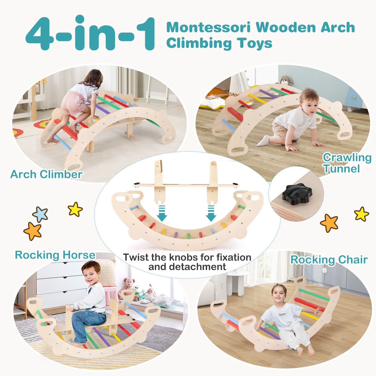 4-in-1 Multifunctional Wooden Climbing Toys with Rocker and Crawling Tunnel, Multicolor Climbers & Slides   at Gallery Canada