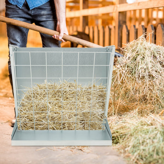 2-in-1 Wall-Mounted Hay Rack Hay and Grain Feeder with Adjustable Hooks, Silver Pets Silver  at Gallery Canada