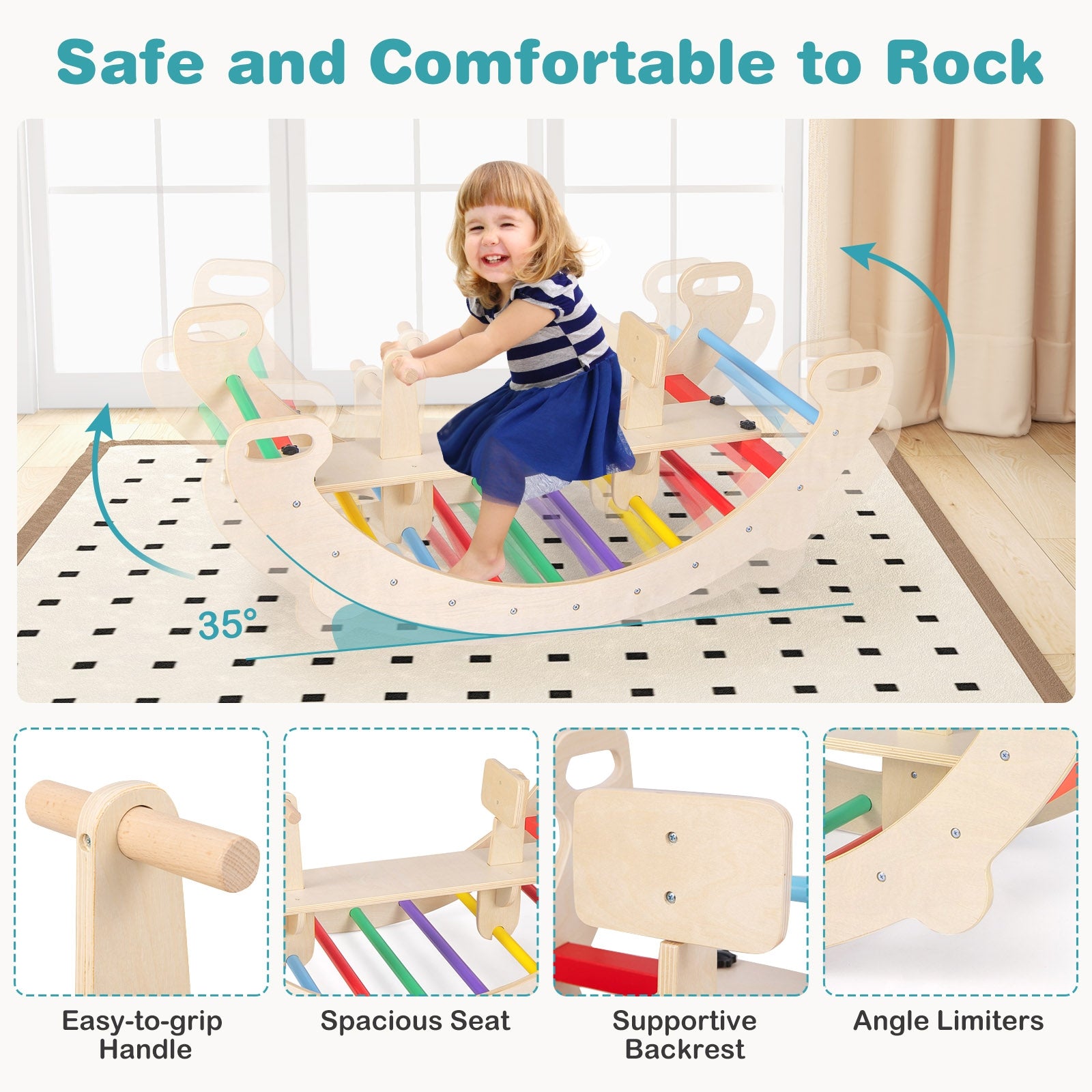 4-in-1 Multifunctional Wooden Climbing Toys with Rocker and Crawling Tunnel, Multicolor Climbers & Slides   at Gallery Canada