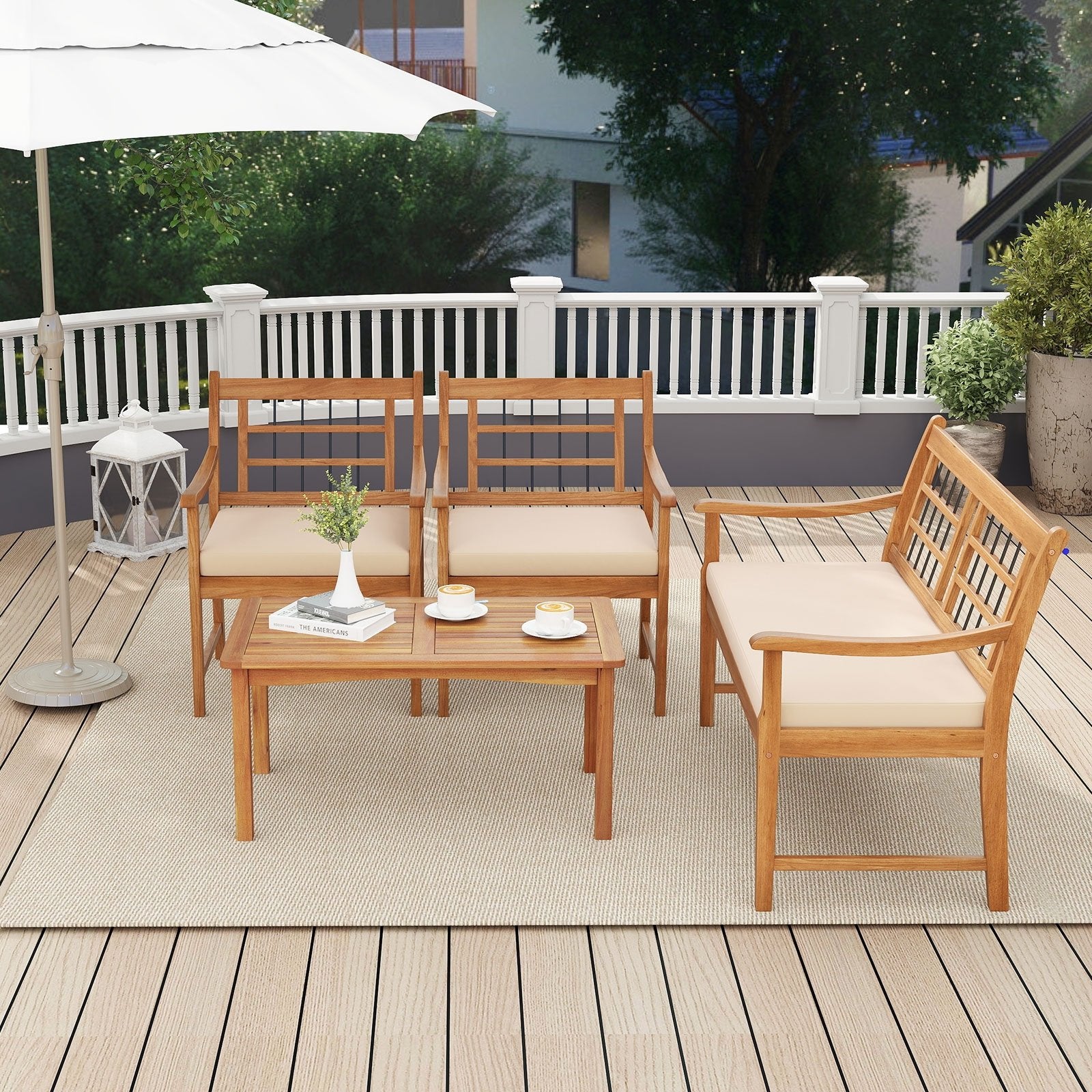 4 Piece Wood Patio Furniture with Armchairs Loveseat and Coffee Table, Off White Patio Conversation Sets   at Gallery Canada