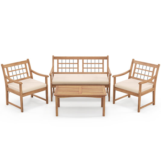 4 Piece Wood Patio Furniture with Armchairs Loveseat and Coffee Table, Off White Patio Conversation Sets Off White  at Gallery Canada