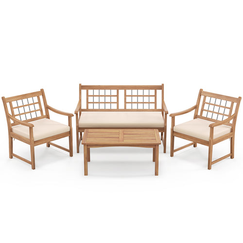 4 Piece Wood Patio Furniture with Armchairs Loveseat and Coffee Table, Off White