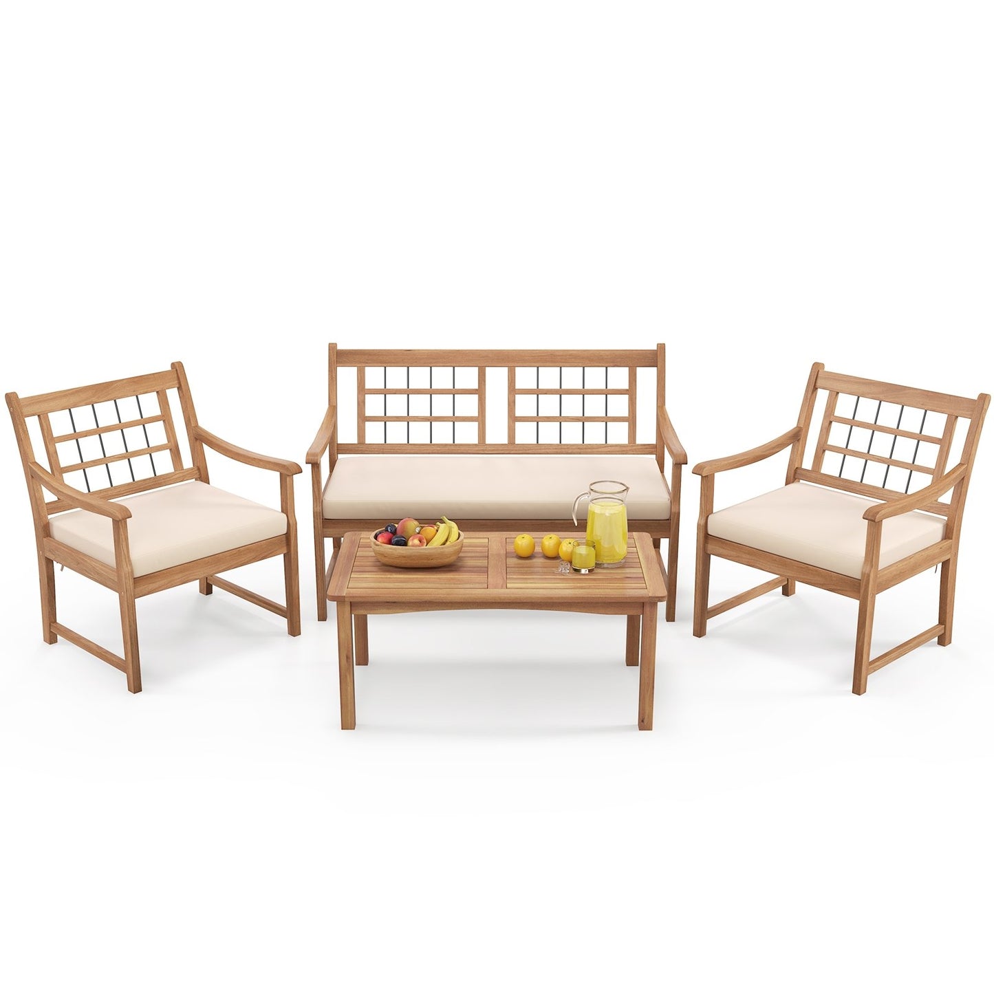 4 Piece Wood Patio Furniture with Armchairs Loveseat and Coffee Table, Off White Patio Conversation Sets   at Gallery Canada