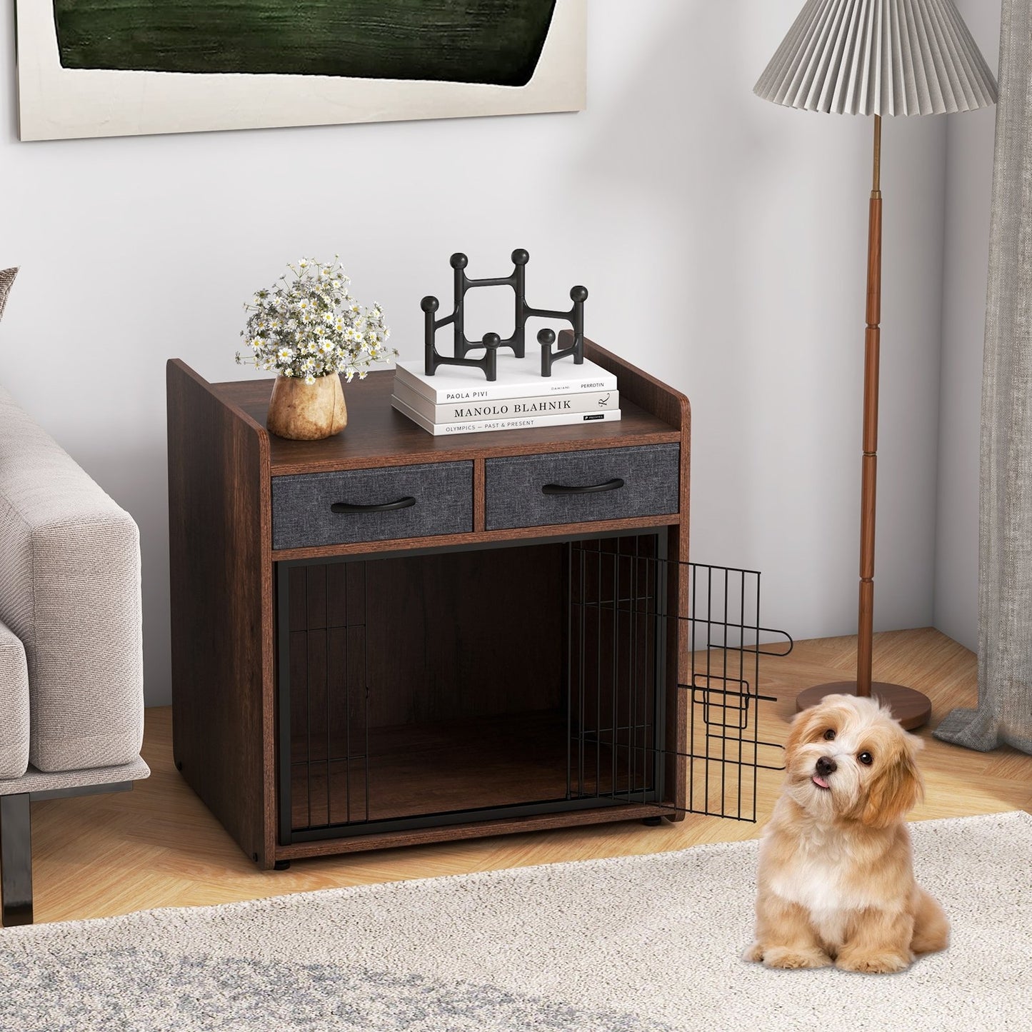 Dog Crate Furniture Indoor Dog Cage with 2 Fabric Drawers End Table, Rustic Brown Dog Kennels   at Gallery Canada