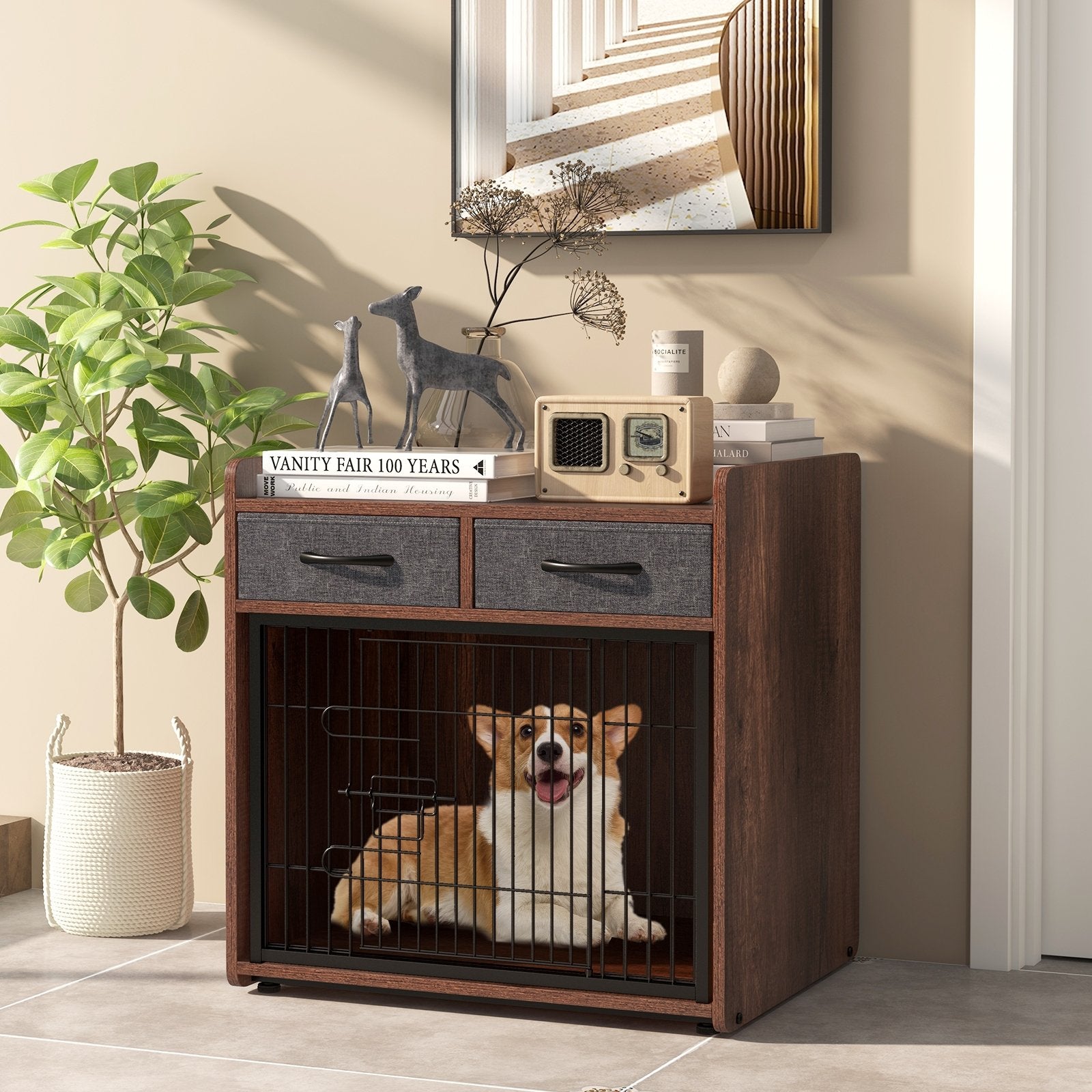 Dog Crate Furniture Indoor Dog Cage with 2 Fabric Drawers End Table, Rustic Brown Dog Kennels   at Gallery Canada