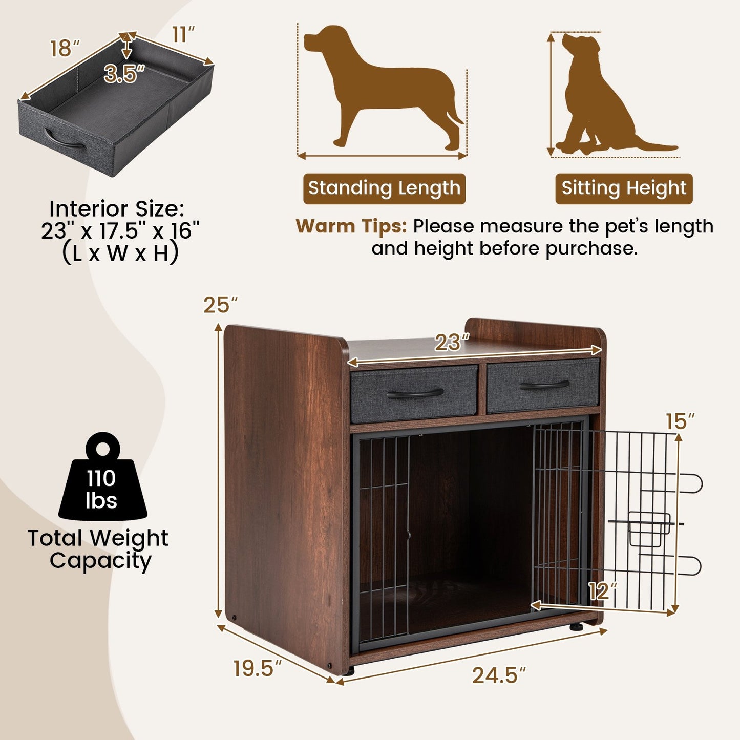 Dog Crate Furniture Indoor Dog Cage with 2 Fabric Drawers End Table, Rustic Brown Dog Kennels   at Gallery Canada