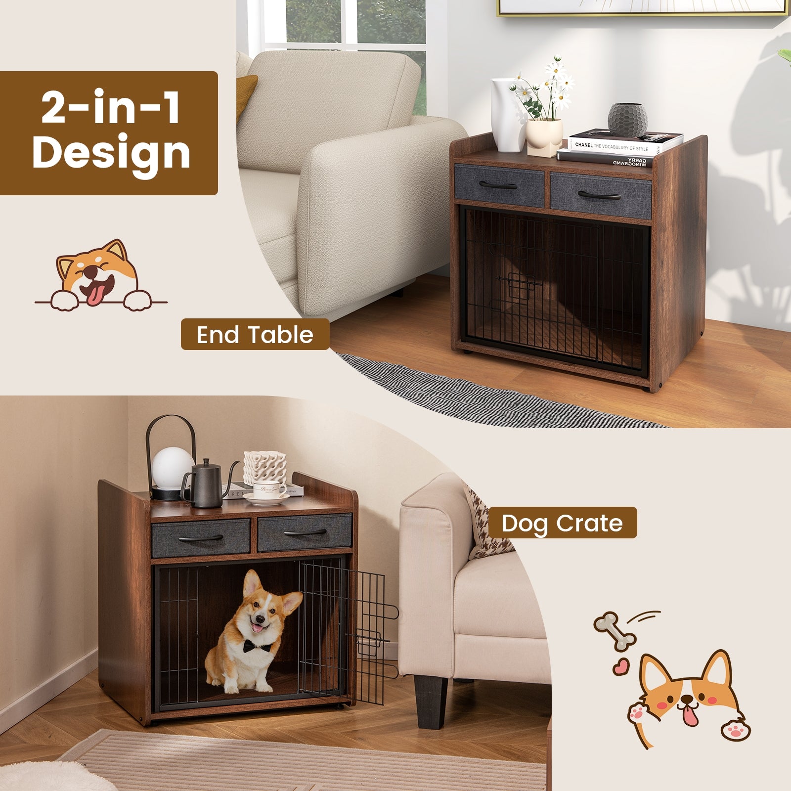 Dog Crate Furniture Indoor Dog Cage with 2 Fabric Drawers End Table, Rustic Brown Dog Kennels   at Gallery Canada