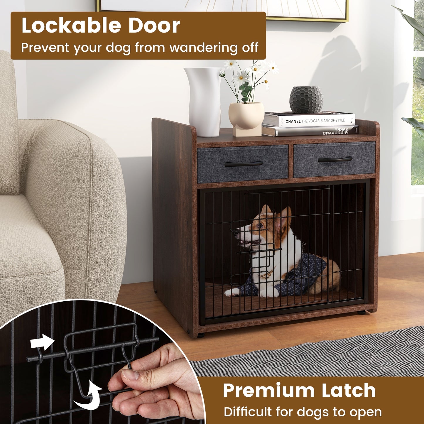 Dog Crate Furniture Indoor Dog Cage with 2 Fabric Drawers End Table, Rustic Brown Dog Kennels   at Gallery Canada