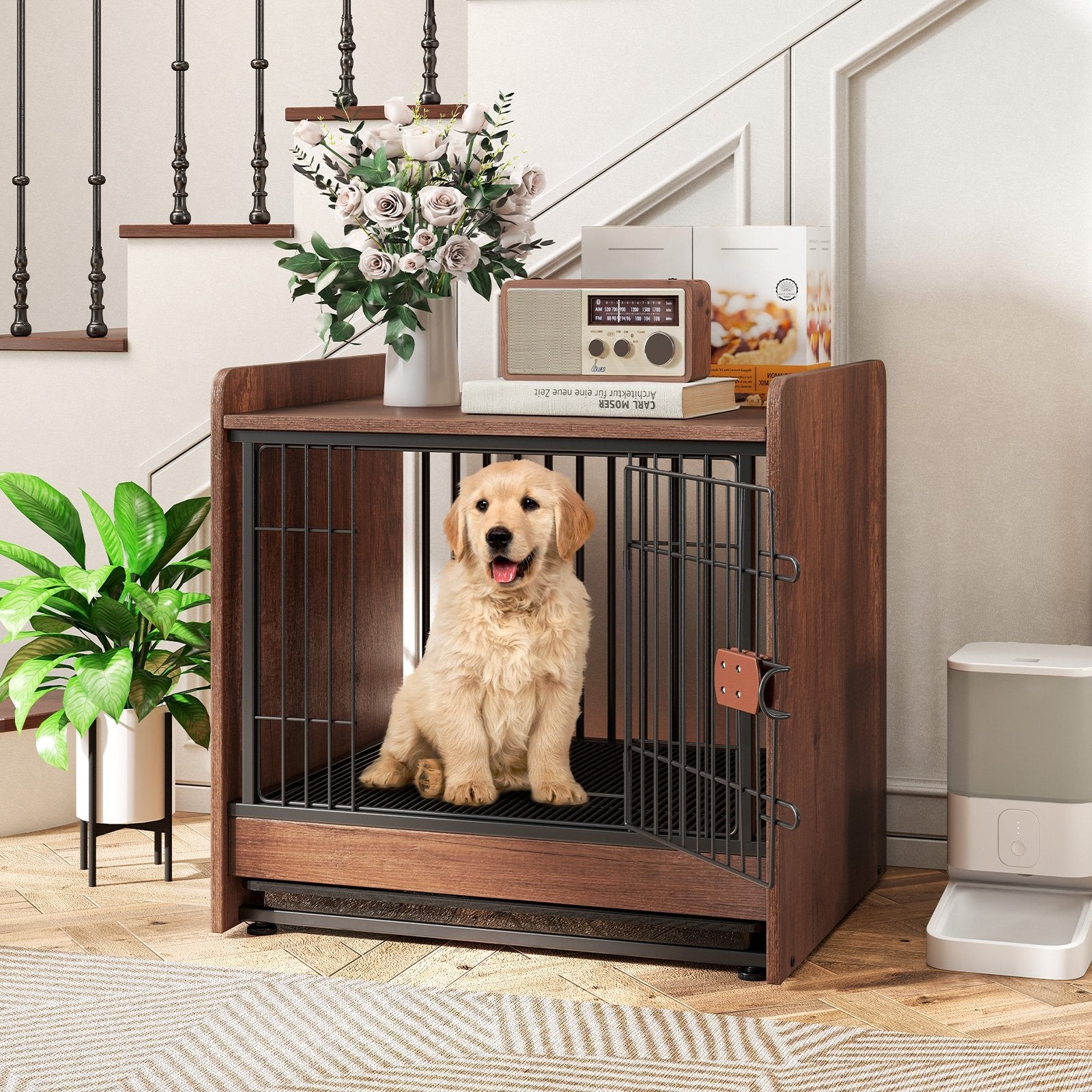 Dog Crate Indoor Dog Cage with Removable Tray and Lockable Door, Rustic Brown Dog Kennels   at Gallery Canada