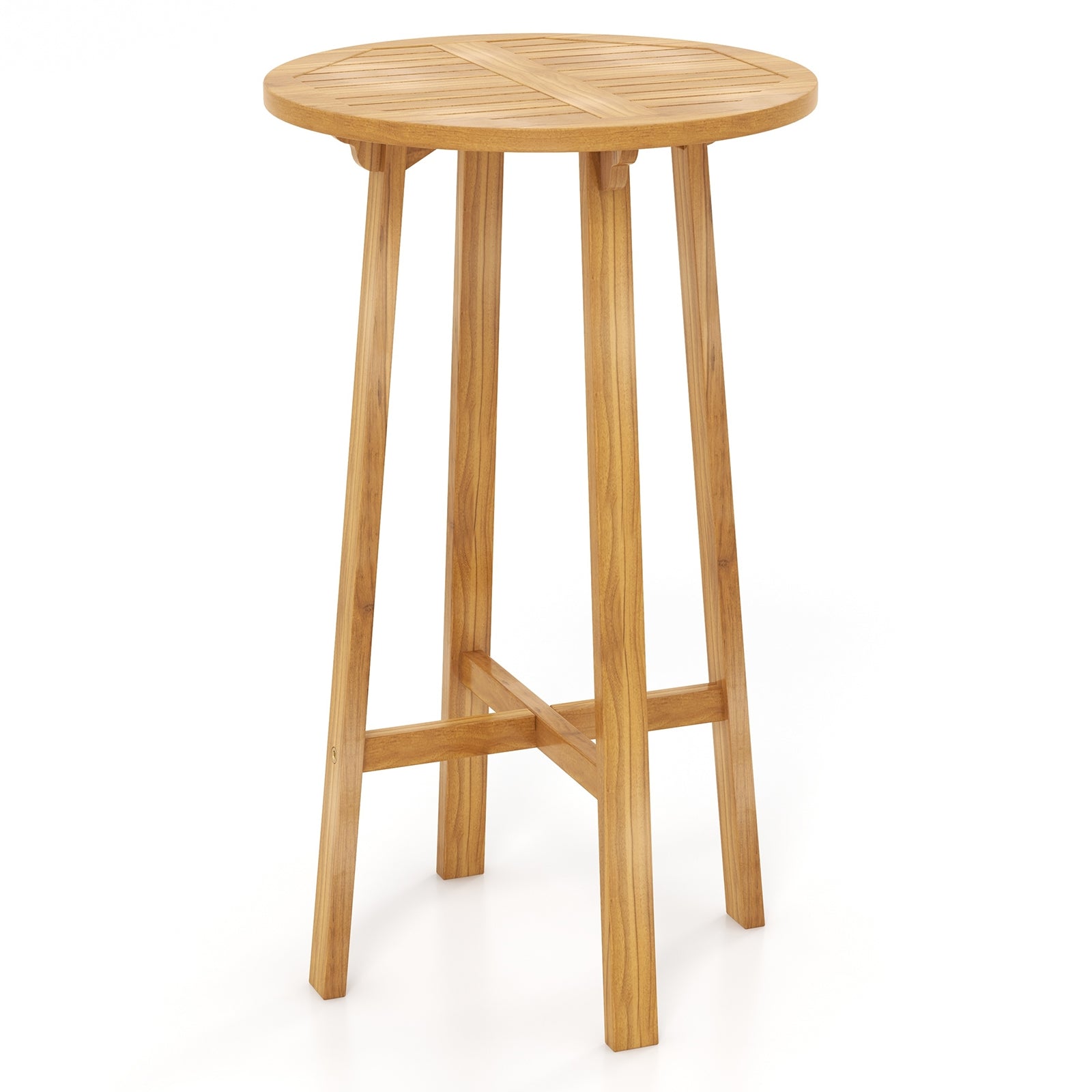 24 InchTeak Wood Round Bar Table with Footrest for Indoors Outdoors, Natural Bar Tables Natural  at Gallery Canada