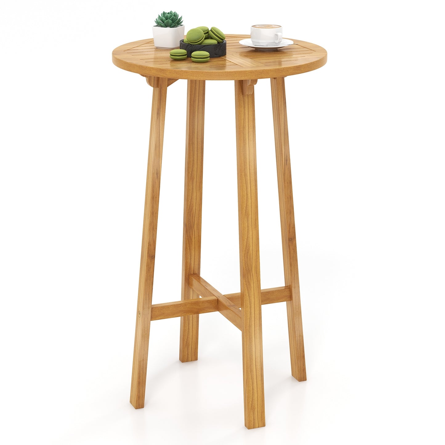 24 InchTeak Wood Round Bar Table with Footrest for Indoors Outdoors, Natural Bar Tables   at Gallery Canada