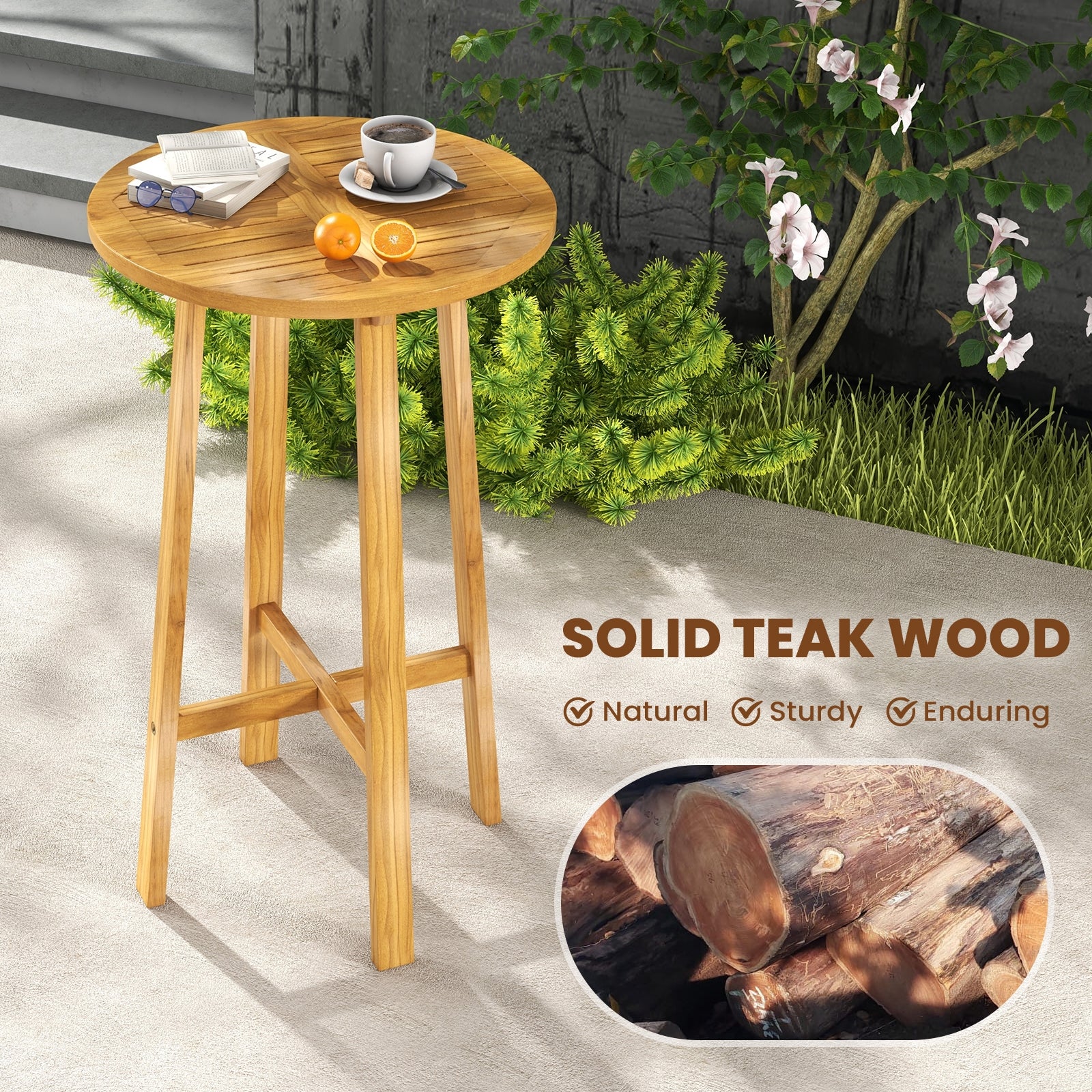 24 InchTeak Wood Round Bar Table with Footrest for Indoors Outdoors, Natural Bar Tables   at Gallery Canada