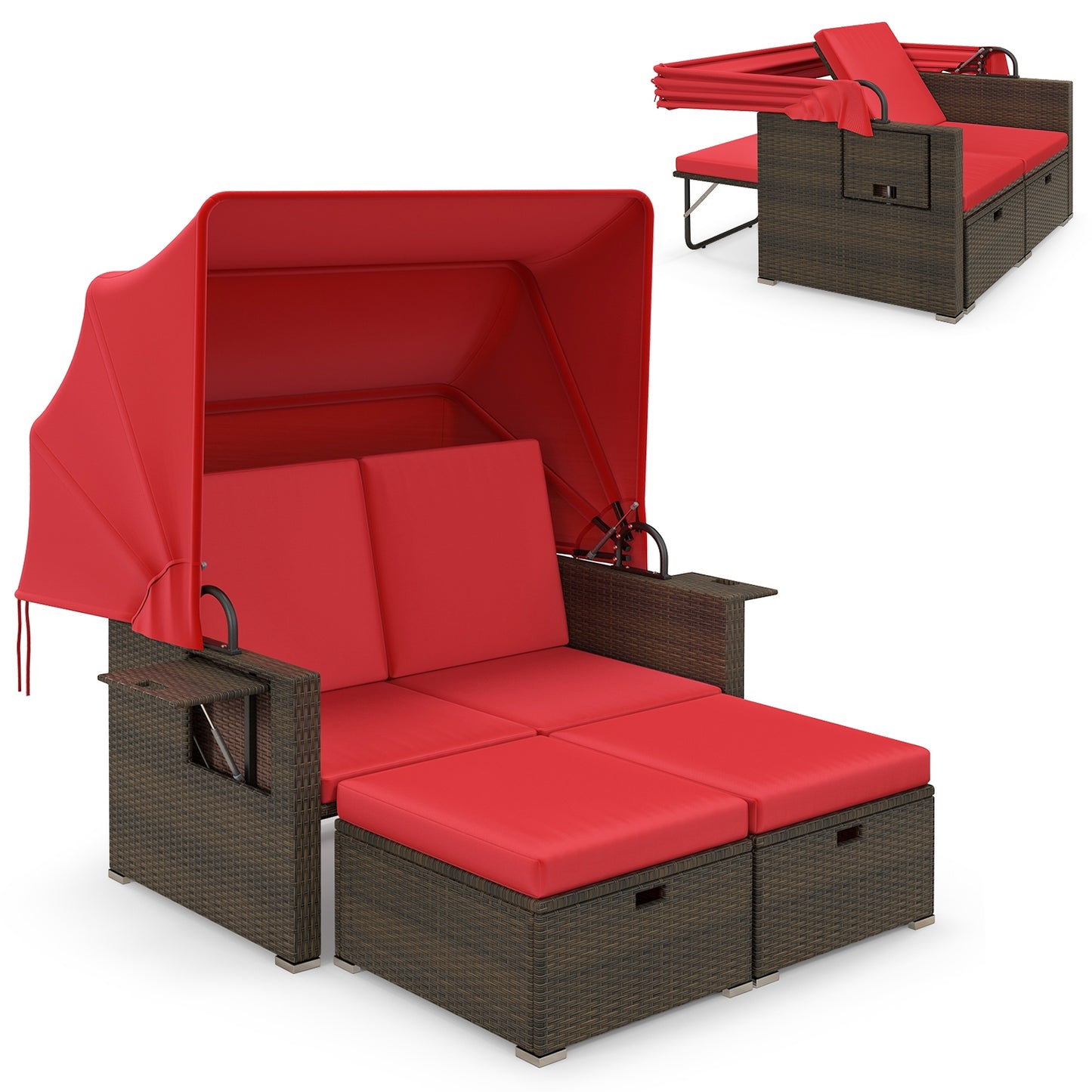 Outdoor Patio Rattan Daybed with Retractable Canopy and Adjustable Backrests, Red Outdoor Sectionals   at Gallery Canada