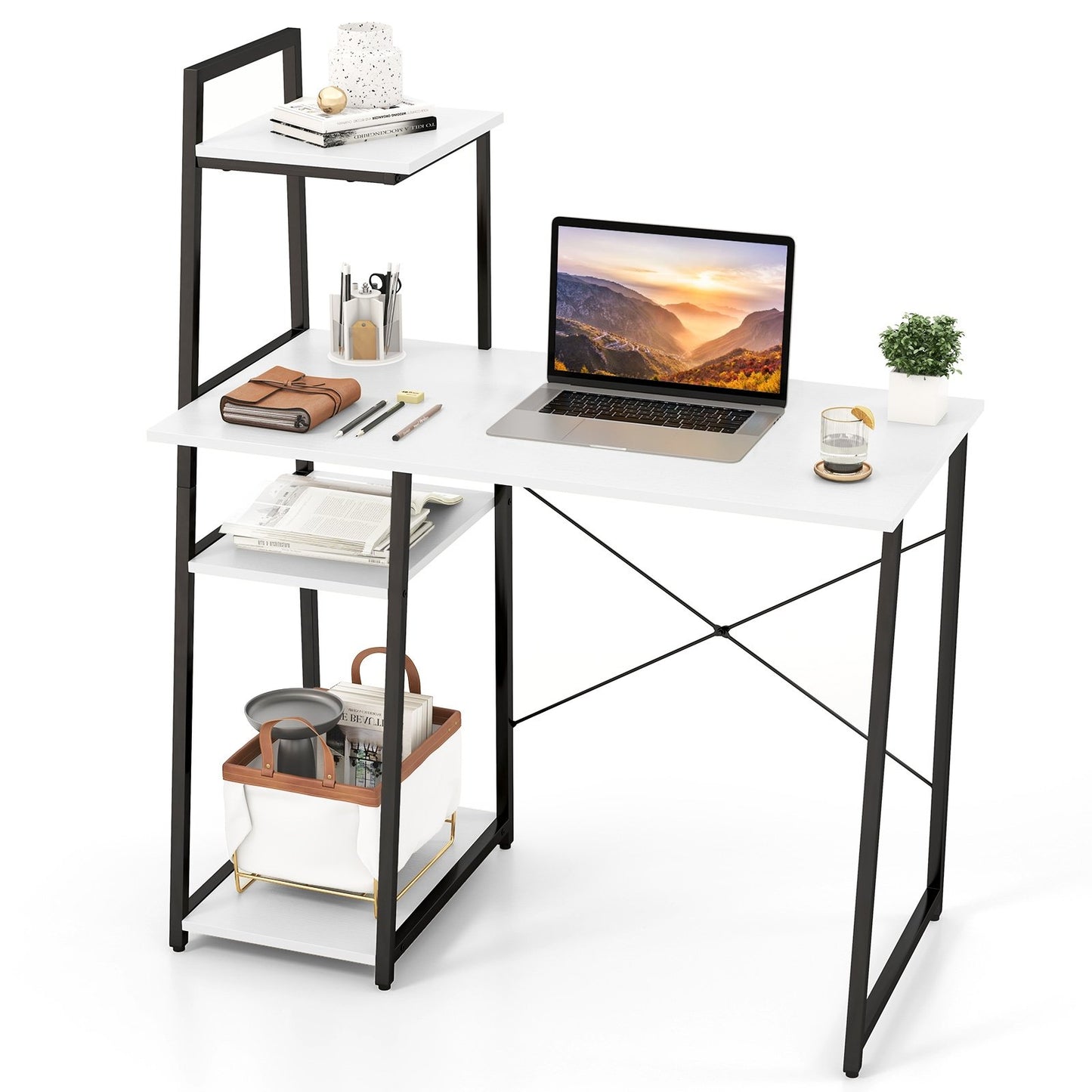 Compact Computer Desk Workstation with 4 Tier Shelves for Home and Office, White Writing Desks White  at Gallery Canada