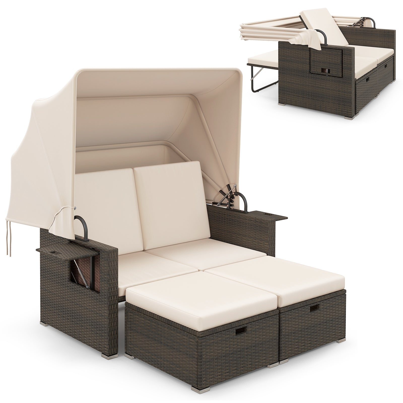 Outdoor Patio Rattan Daybed with Retractable Canopy and Adjustable Backrests, Beige Outdoor Sectionals   at Gallery Canada