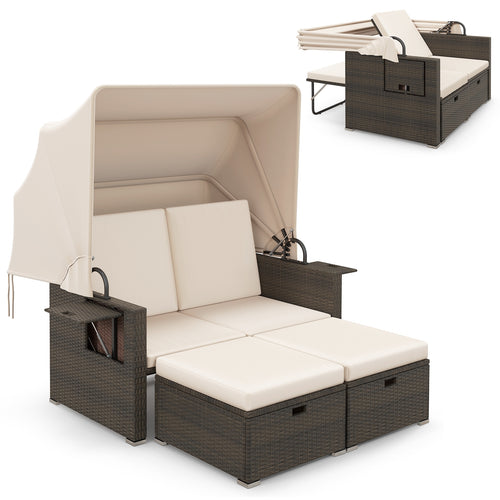 Outdoor Patio Rattan Daybed with Retractable Canopy and Adjustable Backrests, Beige