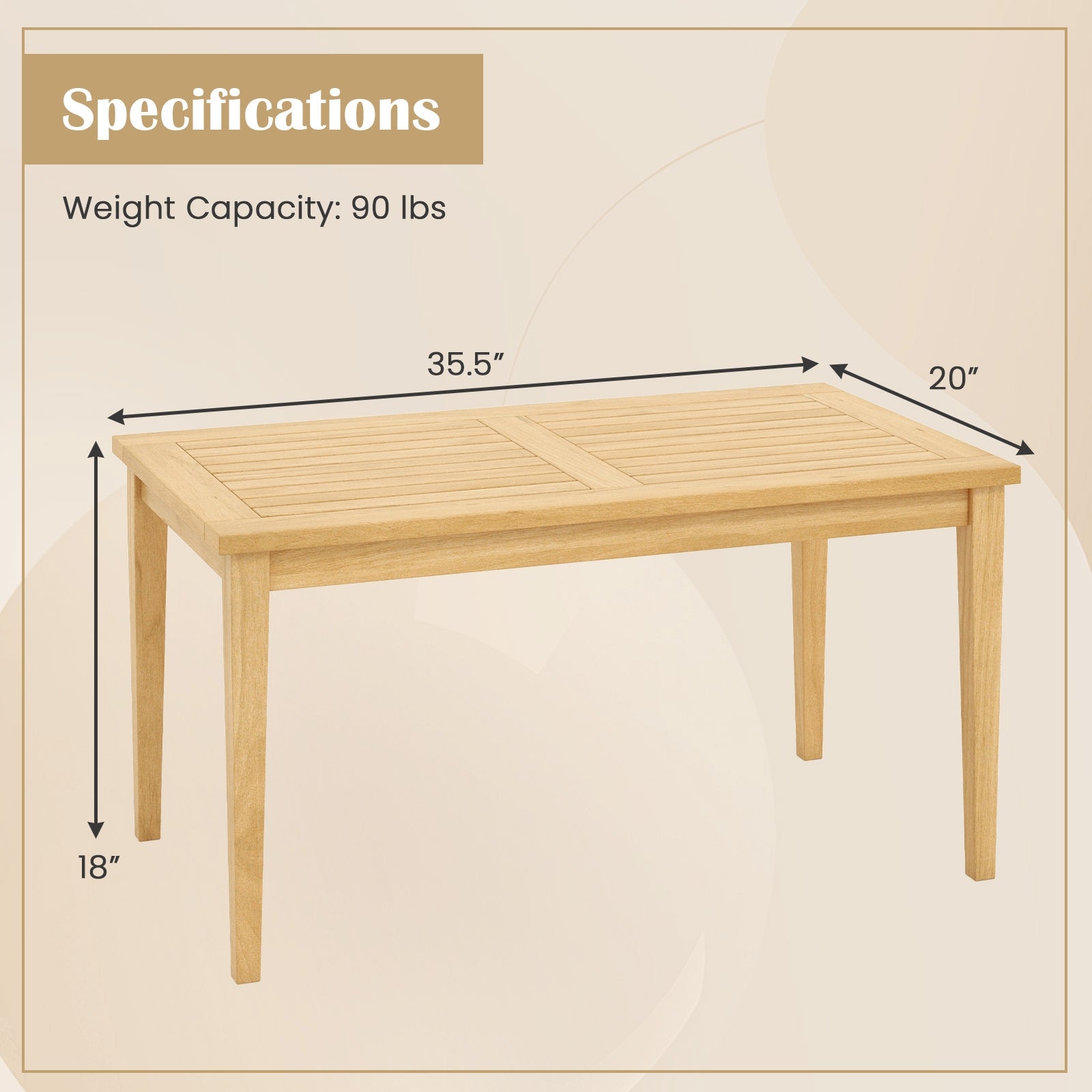 20 Inch x 35.5 Inch Outdoor Teak Wood Coffee Table with Slatted Tabletop for Balcony, Natural Patio Coffee Tables   at Gallery Canada