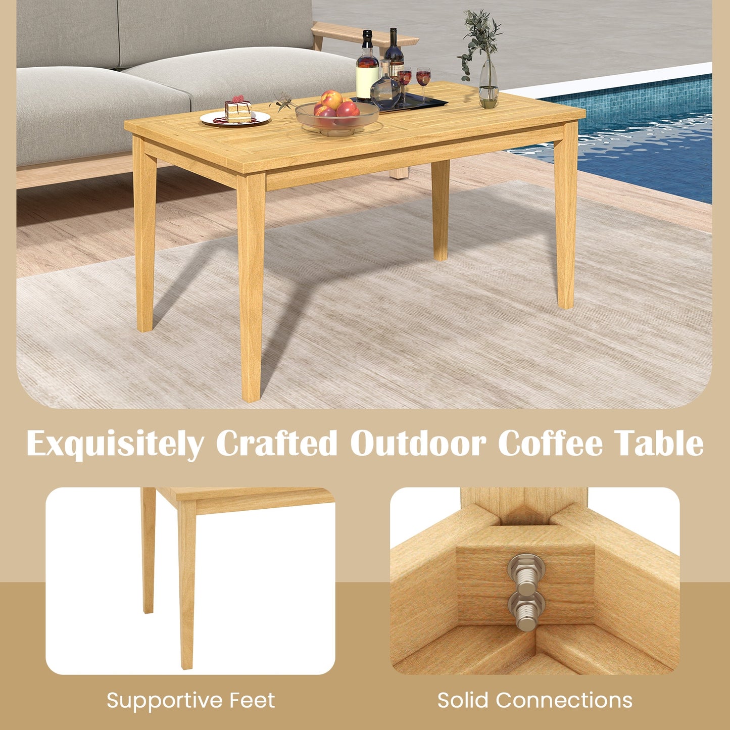 20 Inch x 35.5 Inch Outdoor Teak Wood Coffee Table with Slatted Tabletop for Balcony, Natural Patio Coffee Tables   at Gallery Canada