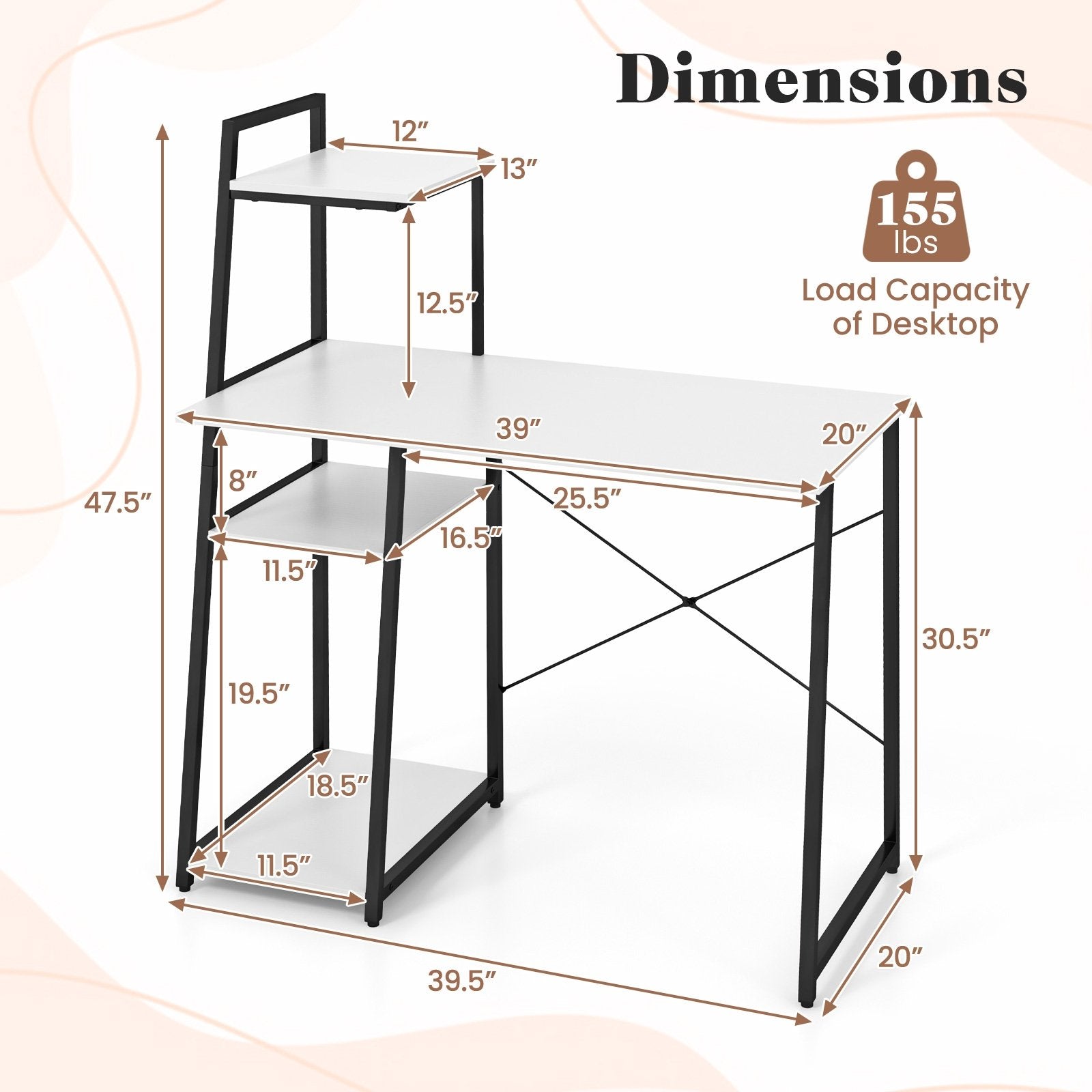 Compact Computer Desk Workstation with 4 Tier Shelves for Home and Office, White Writing Desks   at Gallery Canada