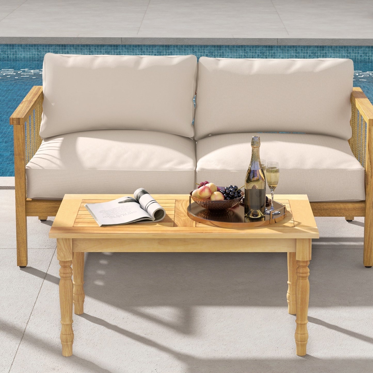 Patio Coffee Table with Solid Teak Wood Structure and Slatted Tabletop, Natural Patio Coffee Tables   at Gallery Canada