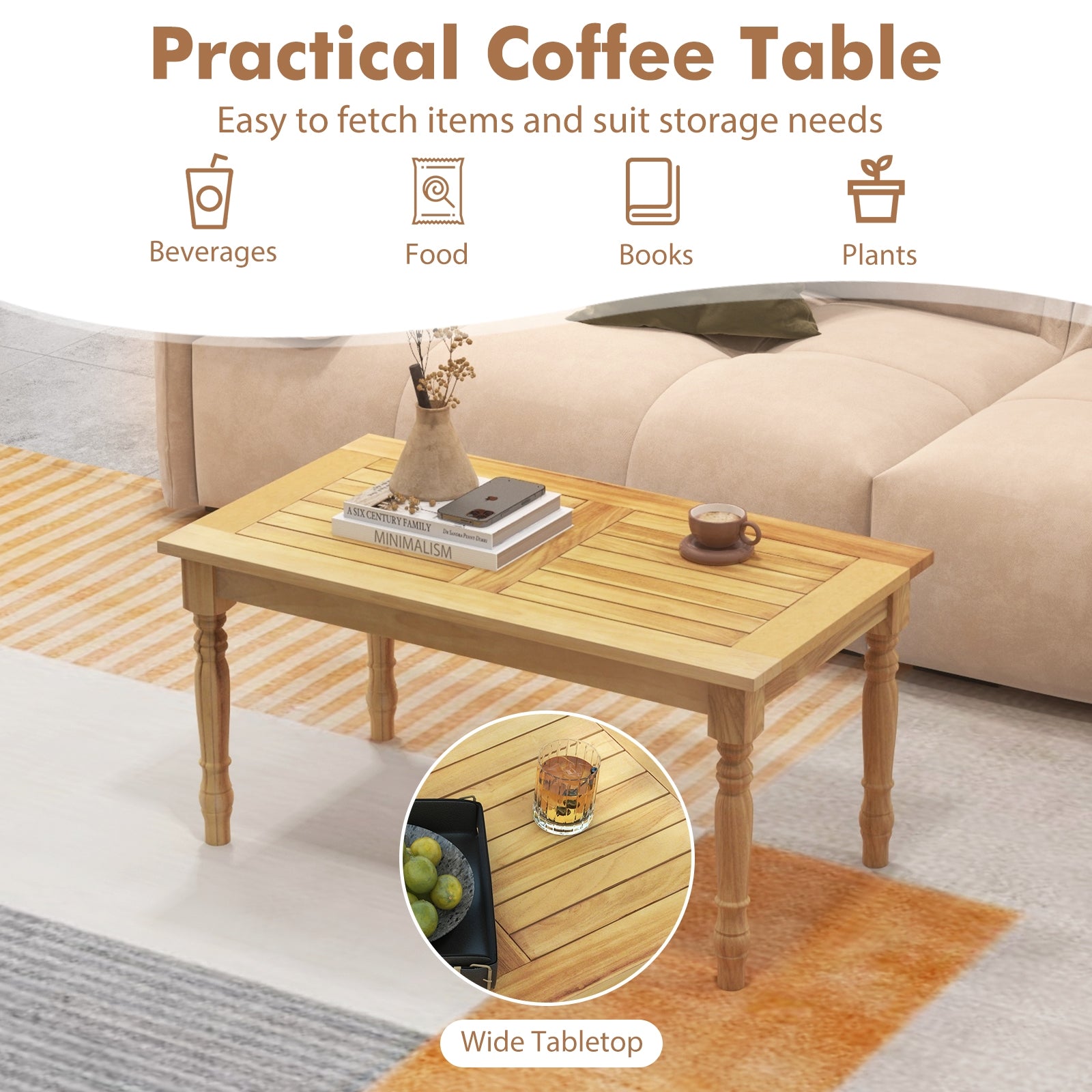 Patio Coffee Table with Solid Teak Wood Structure and Slatted Tabletop, Natural Patio Coffee Tables   at Gallery Canada