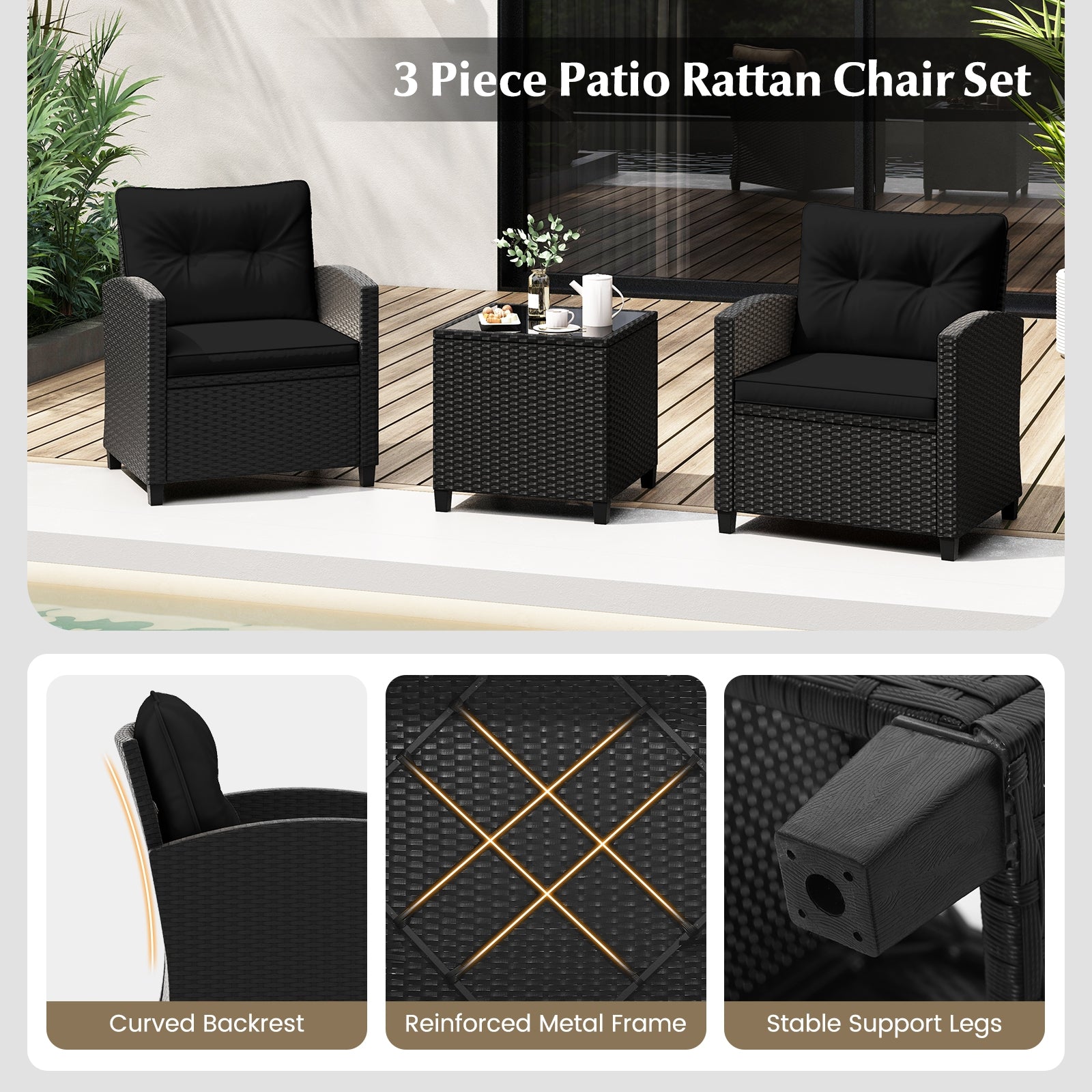 3 Pieces Patio Furniture Set with Tempered Glass Coffee Table, Black Patio Conversation Sets   at Gallery Canada