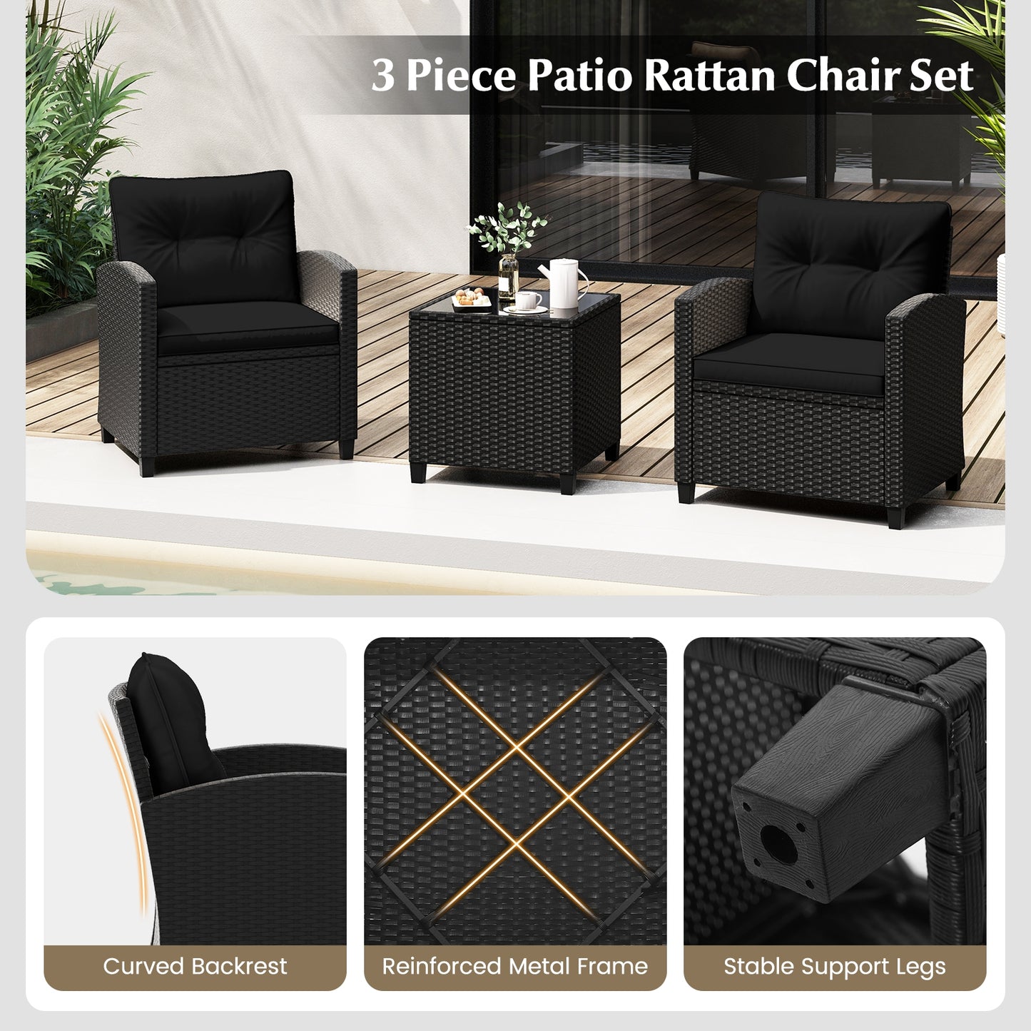 3 Pieces Patio Furniture Set with Tempered Glass Coffee Table, Black Patio Conversation Sets   at Gallery Canada