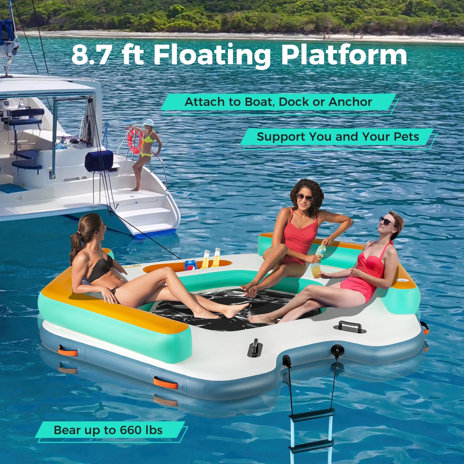 8.7 Feet Inflatable Floating Dock with Detachable Ladder and Mesh Swim Lounge, Multicolor Swimming   at Gallery Canada