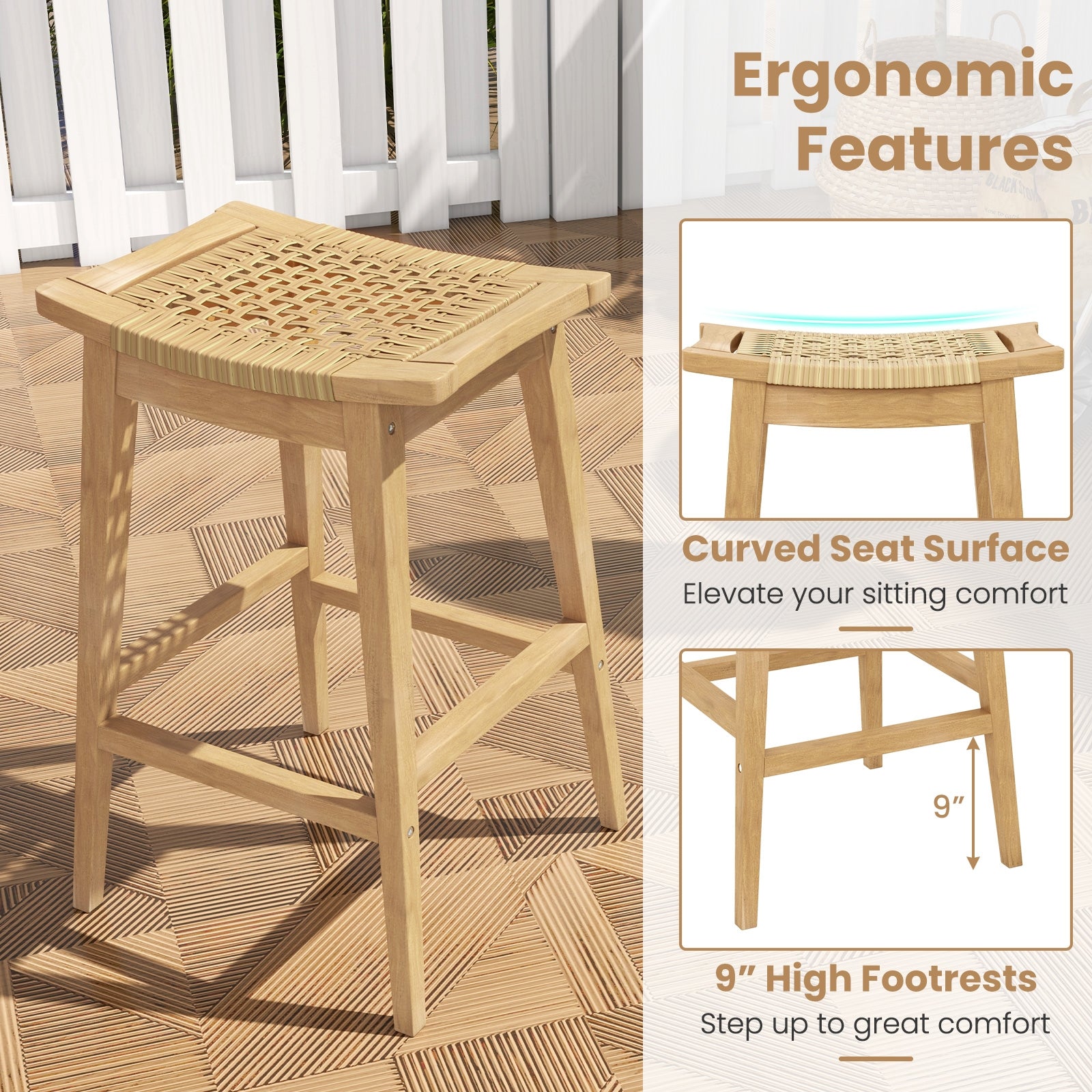 29 Inch Patio Rattan Barstool with Footrest and Saddle Seat, Natural Patio Bar Furniture   at Gallery Canada