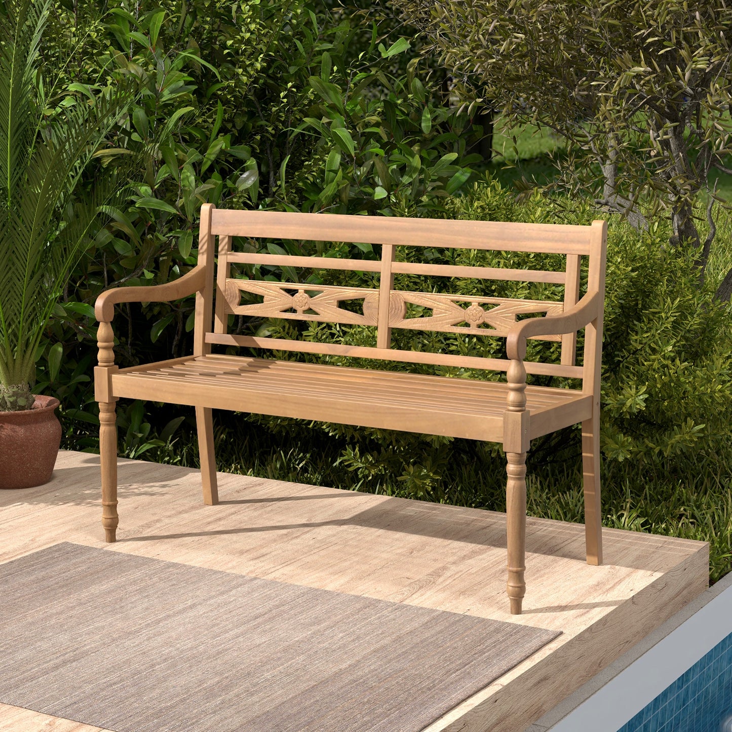 2-Person Teak Wood Patio Bench with Wide Backrest and Curved Armrests, Natural Patio Bar Furniture   at Gallery Canada