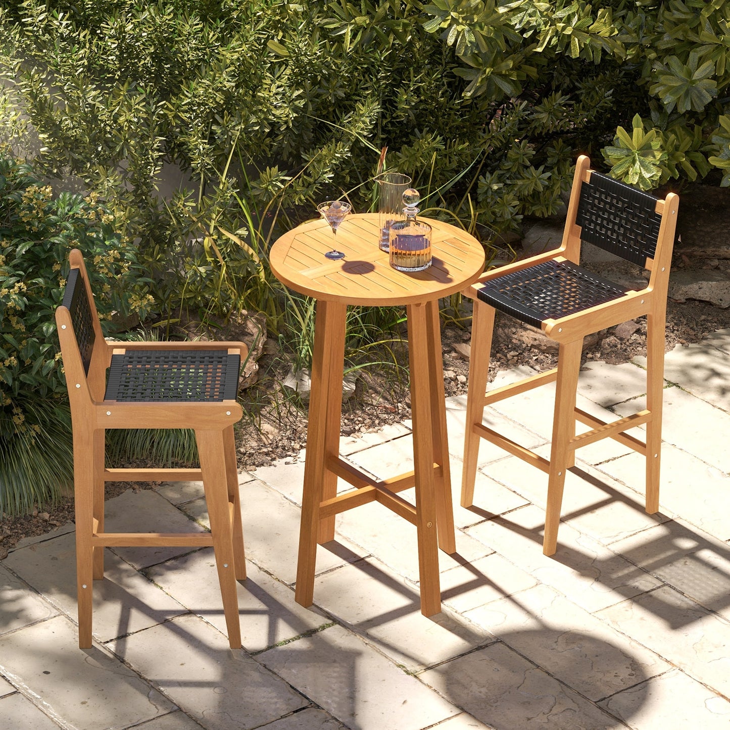 30 Inch Rattan Teak Wood Bar Stool with Backrest and Footrest Patio Bar Furniture   at Gallery Canada