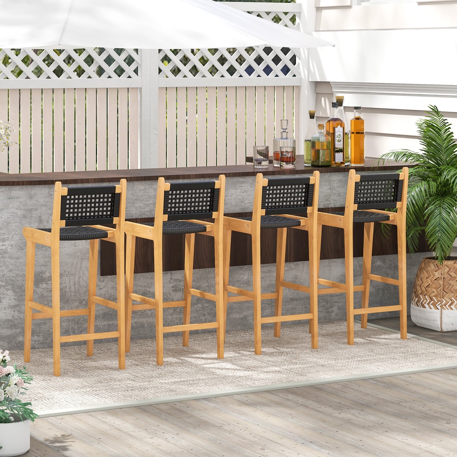 30 Inch Rattan Teak Wood Bar Stool with Backrest and Footrest Patio Bar Furniture   at Gallery Canada