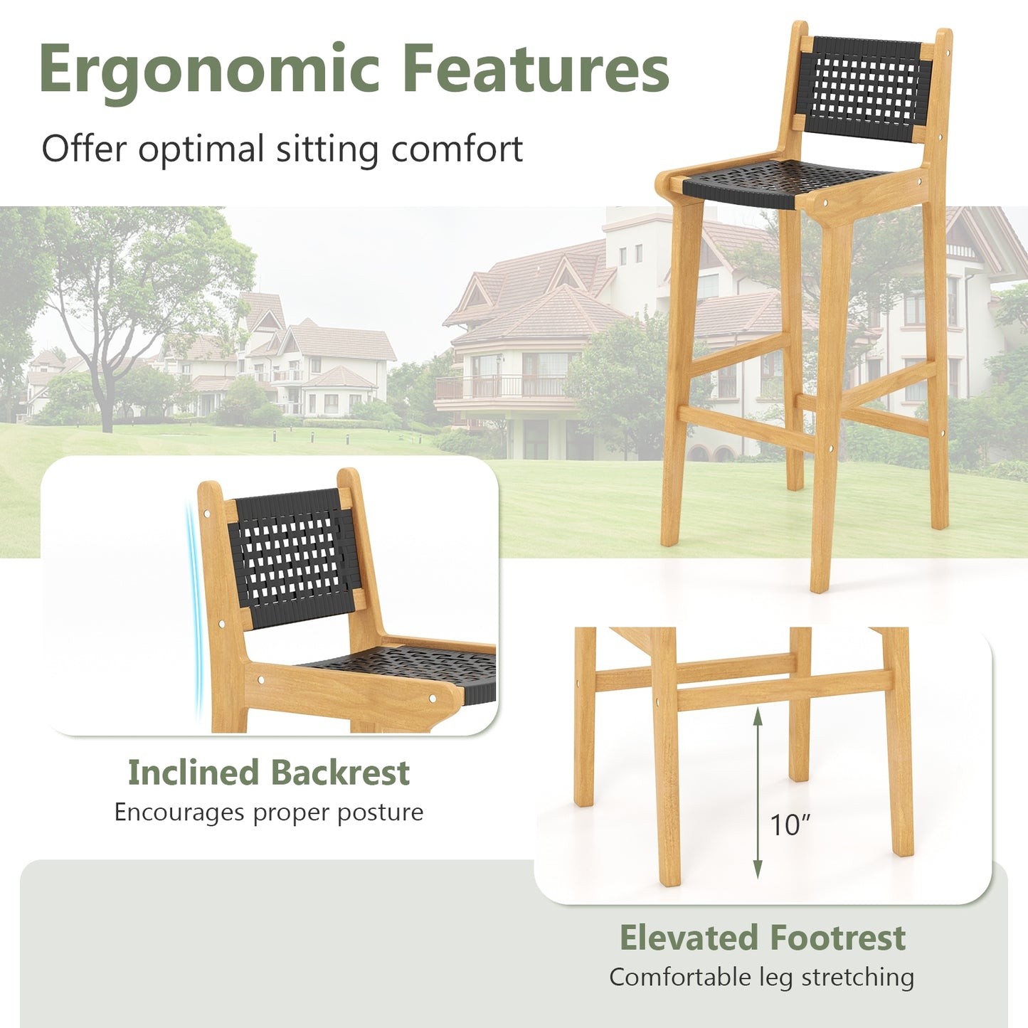 30 Inch Rattan Teak Wood Bar Stool with Backrest and Footrest Patio Bar Furniture   at Gallery Canada