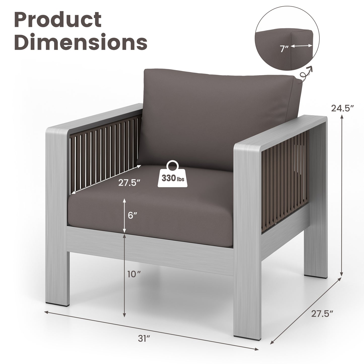 Patio Furniture Aluminum Armchair with Thick Back and Seat Cushion, Gray Patio Conversation Sets   at Gallery Canada