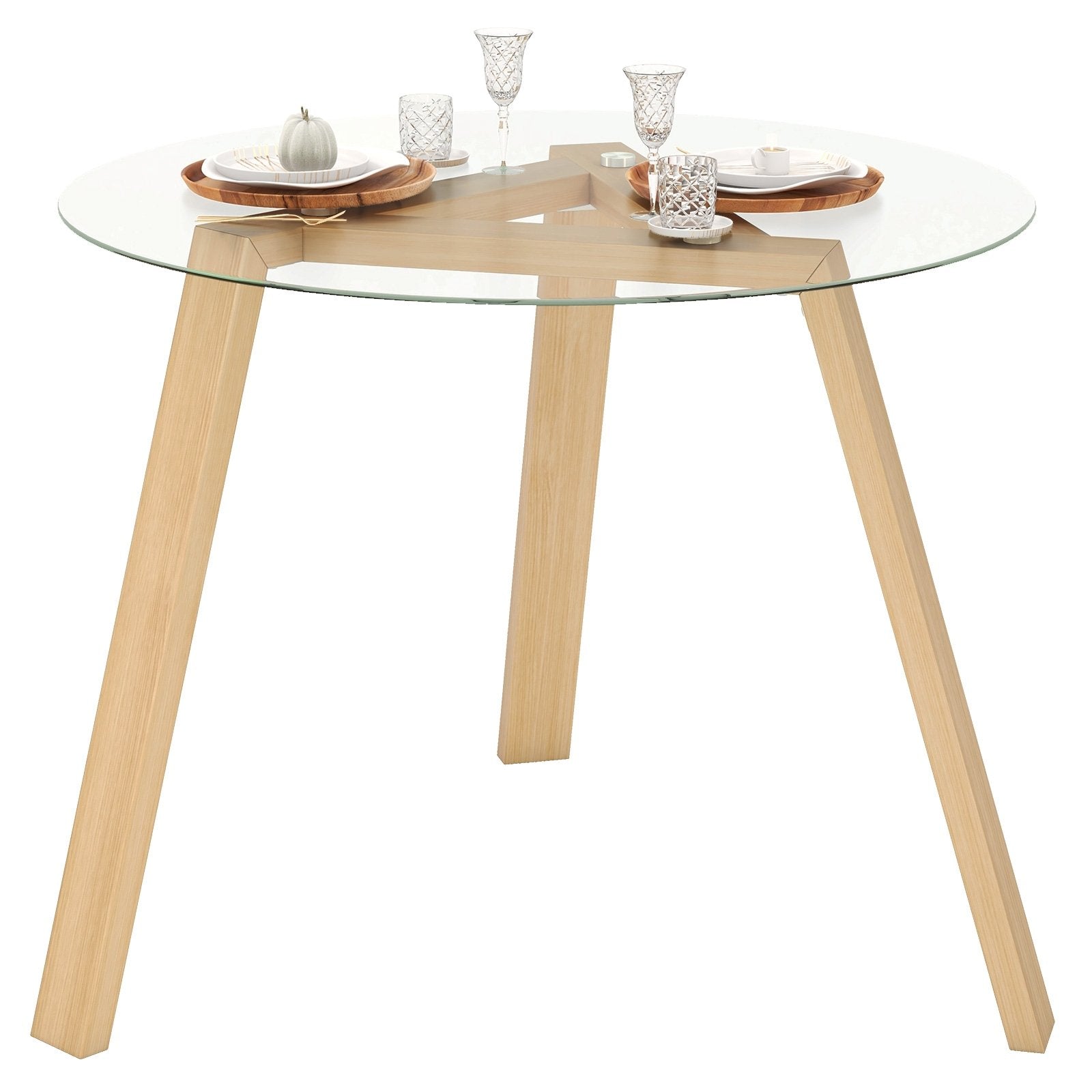 35.5 Inches Round Glass Dining Table for 4 with Rubber Wood Frame, Natural Dining Tables   at Gallery Canada