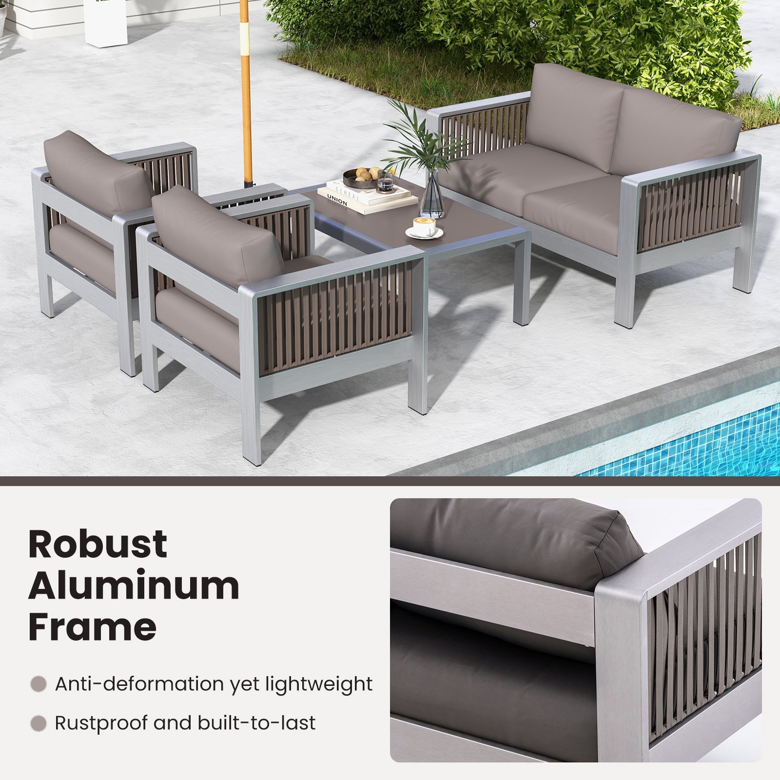 Patio Furniture Aluminum Armchair with Thick Back and Seat Cushion, Gray Patio Conversation Sets   at Gallery Canada