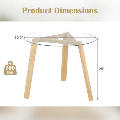 35.5 Inches Round Glass Dining Table for 4 with Rubber Wood Frame, Natural Dining Tables   at Gallery Canada