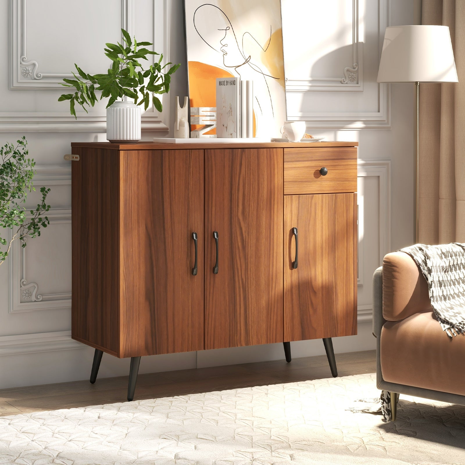 Sideboard Cabinet with 3 Doors and Pull out Drawer Adjustable Shelves, Walnut Cabinets & Chests   at Gallery Canada