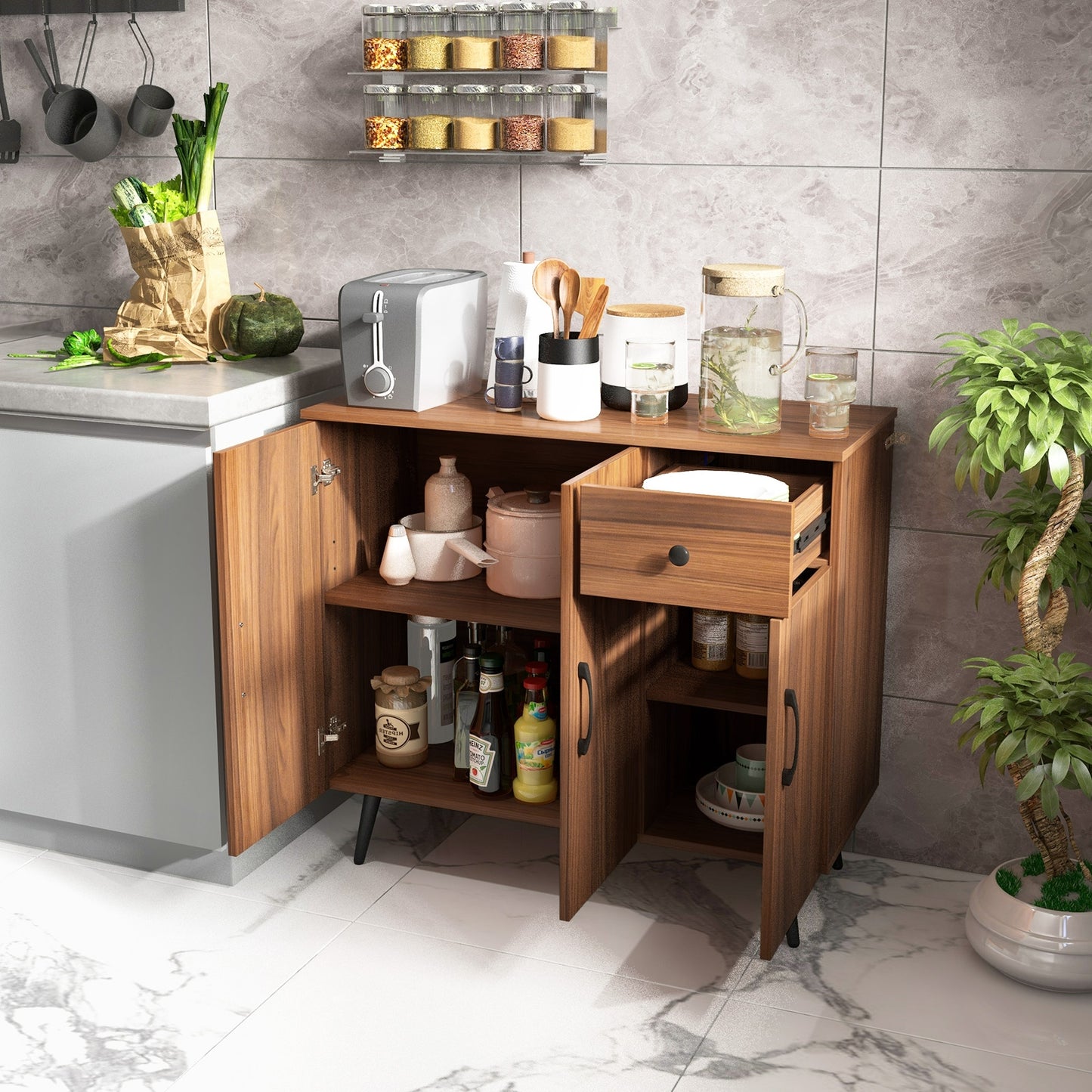 Sideboard Cabinet with 3 Doors and Pull out Drawer Adjustable Shelves, Walnut Cabinets & Chests   at Gallery Canada