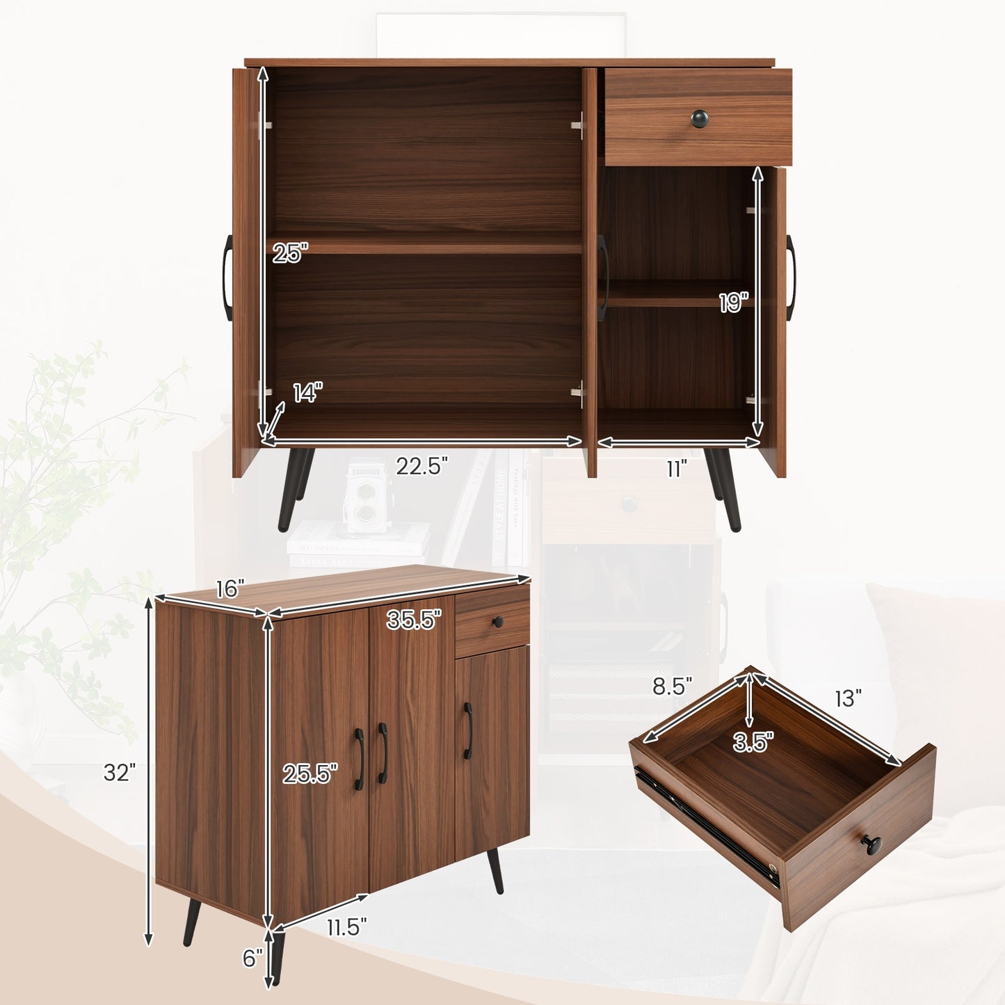 Sideboard Cabinet with 3 Doors and Pull out Drawer Adjustable Shelves, Walnut Cabinets & Chests   at Gallery Canada