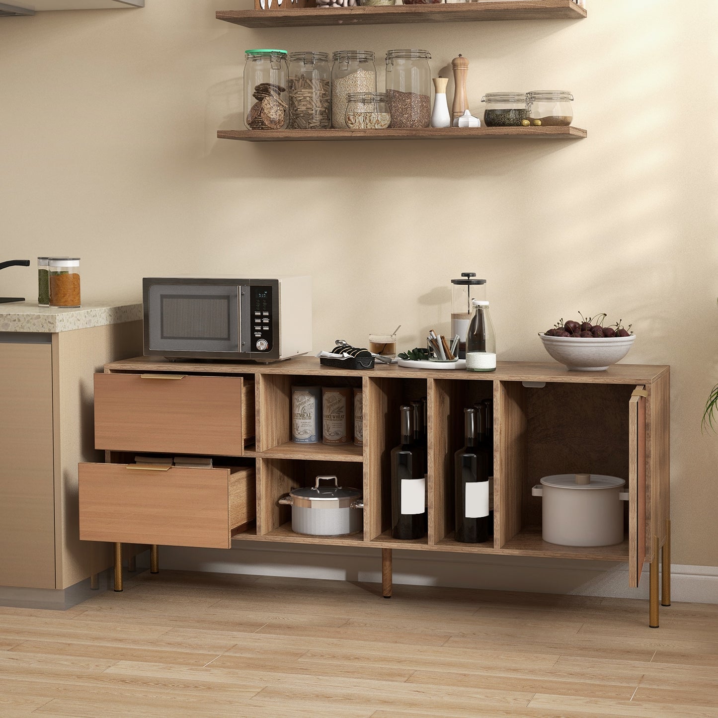 Mirrored Buffet Cabinet with 2 Drawers and 1 Door for Living Room, Natural Cabinets & Chests   at Gallery Canada